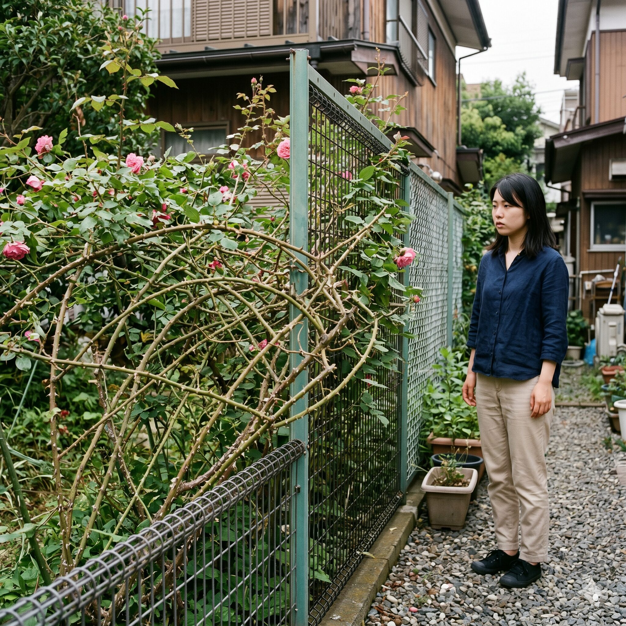 バラ 庭に植えてはいけない5　隣家の境界フェンスを越えて伸びるバラの枝。民法改正に伴う越境トラブルのリスクを説明。