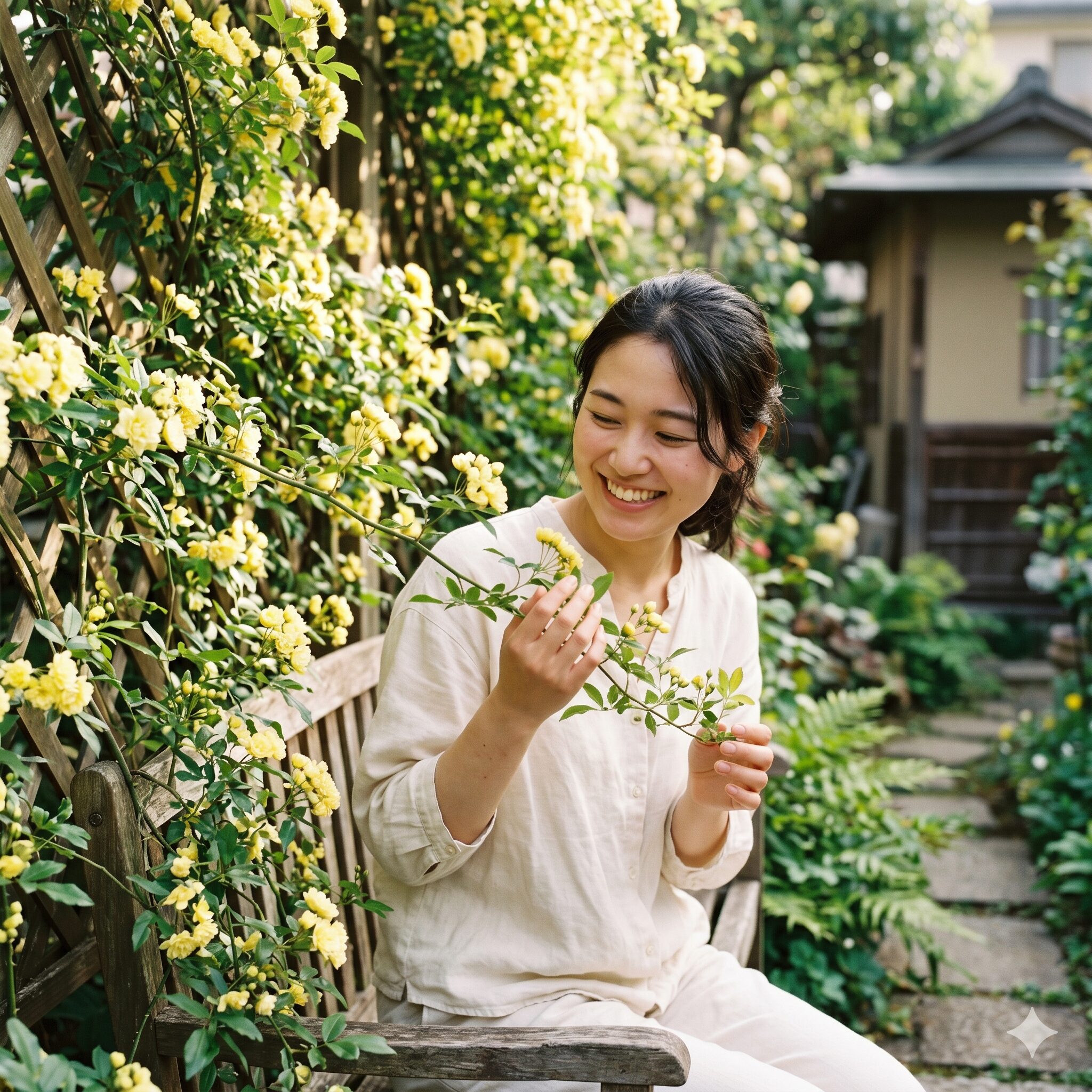 バラ 庭に植えてはいけない7　トゲがないモッコウバラに触れる女性。怪我のリスクを抑えるトゲなし品種の選定。