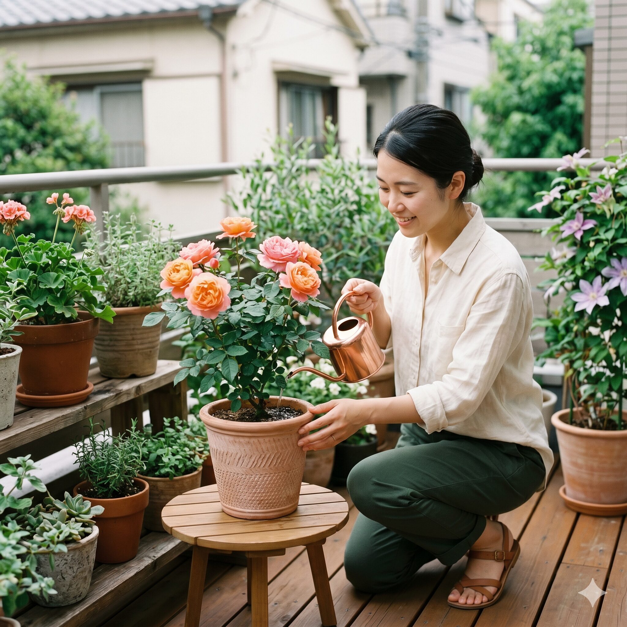 バラ 庭に植えてはいけない8　テラスで鉢植えのバラを育てる女性。初心者におすすめのコンパクトな鉢植え栽培のメリットを提示。
