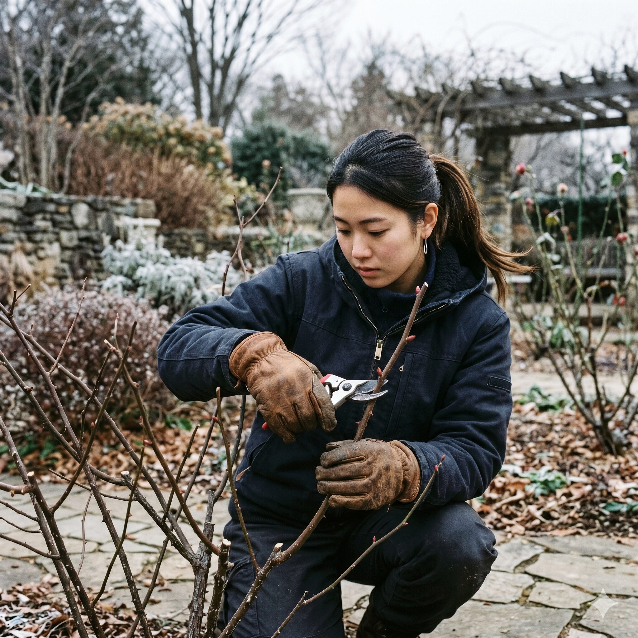 バラ 庭に植えてはいけない9　冬のバラの剪定と誘引作業。巨大化を防ぎ、翌年の開花をコントロールする管理技術を解説。