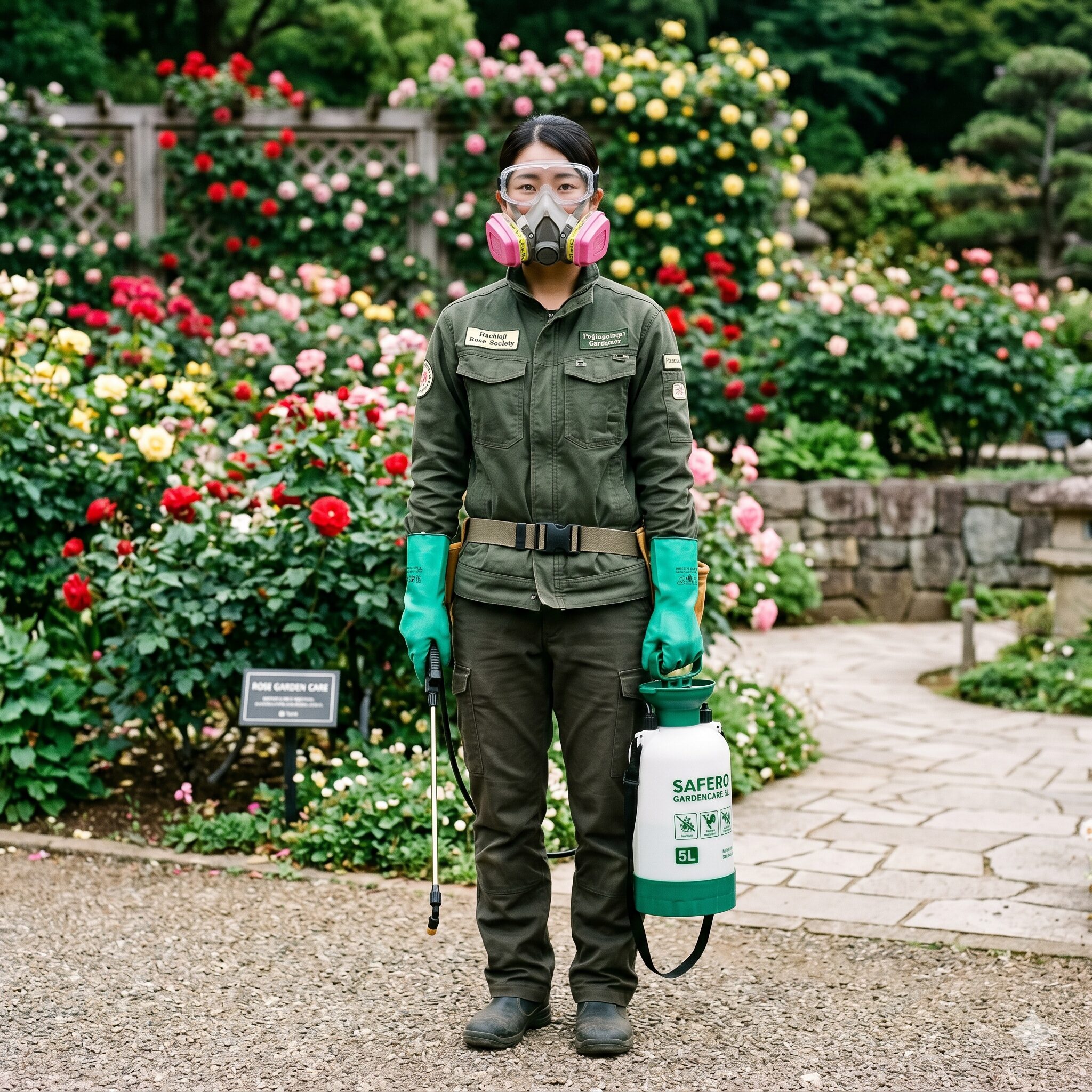 バラ 殺虫剤 ローテーション10　防護具を正しく着用してバラの薬剤散布を行う安全なスタイル