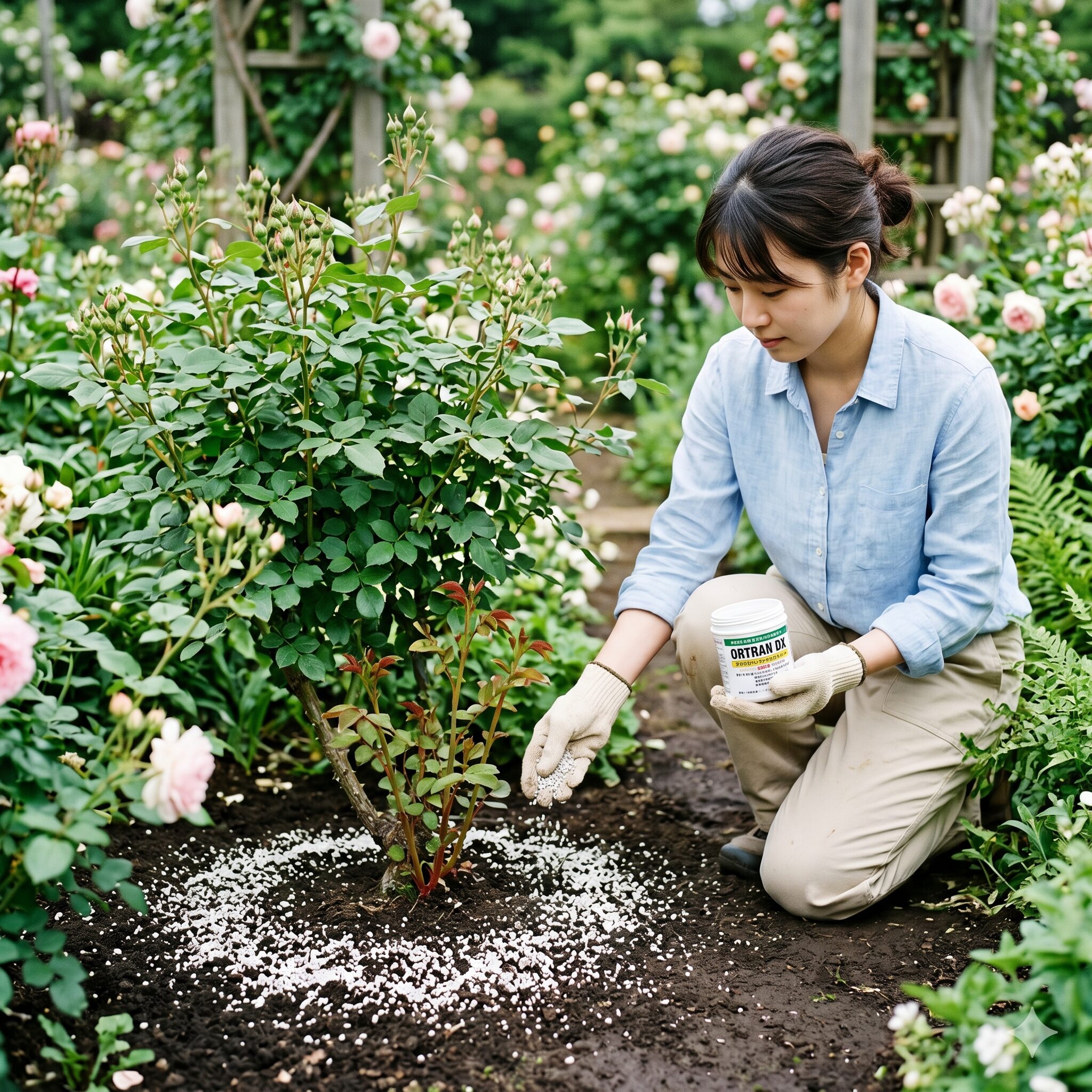 バラ 殺虫剤 ローテーション3　バラの病害虫予防のために株元へオルトランDX粒剤を散布する作業