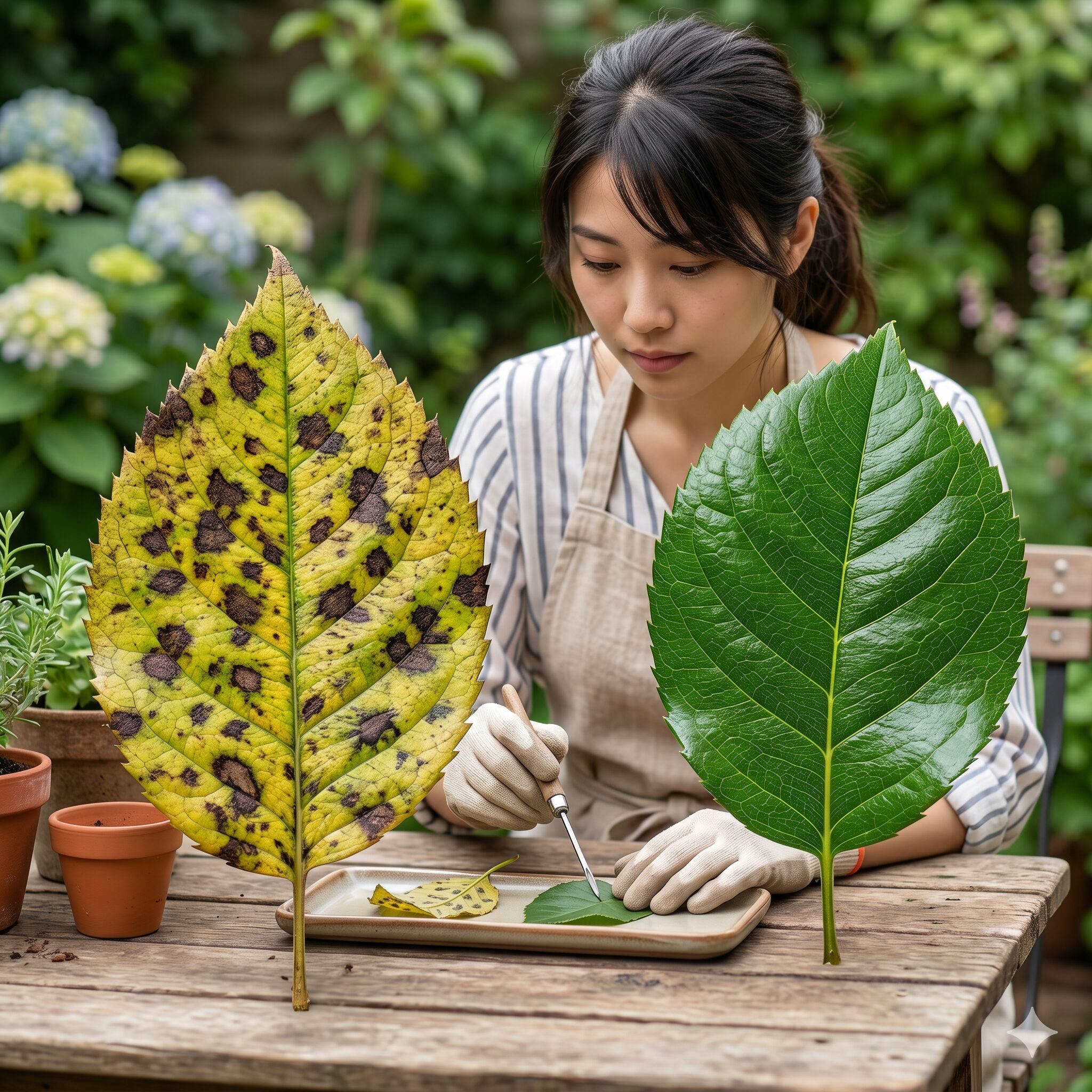 バラ 殺虫剤 ローテーション4　バラの黒星病（黒点病）の症状が出た葉と健康な葉の比較
