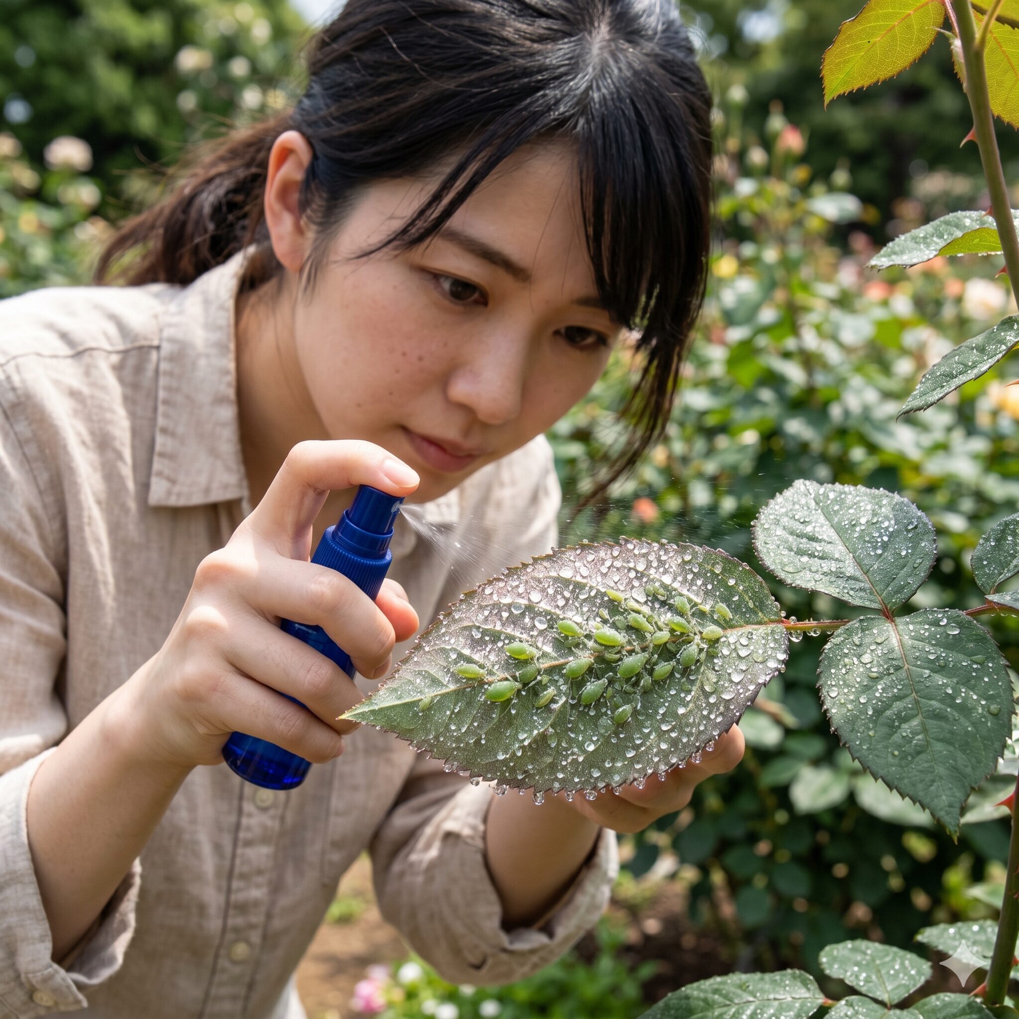 バラ 殺虫剤 ローテーション6　物理的防除薬サンヨールの霧が害虫を包み込み窒息させるイメージ