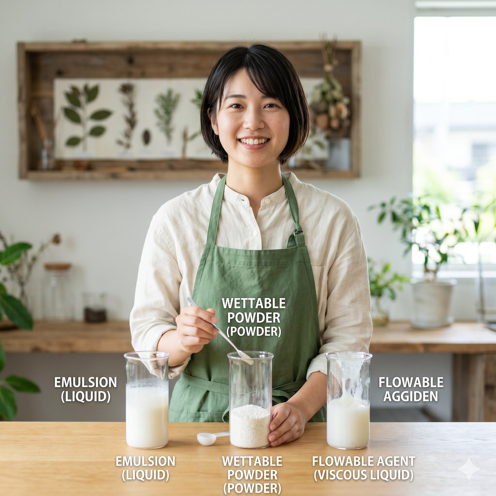 バラ 殺虫剤 ローテーション7　バラ用農薬の異なる剤型（乳剤・水和剤・フロアブル剤）の見た目の違い