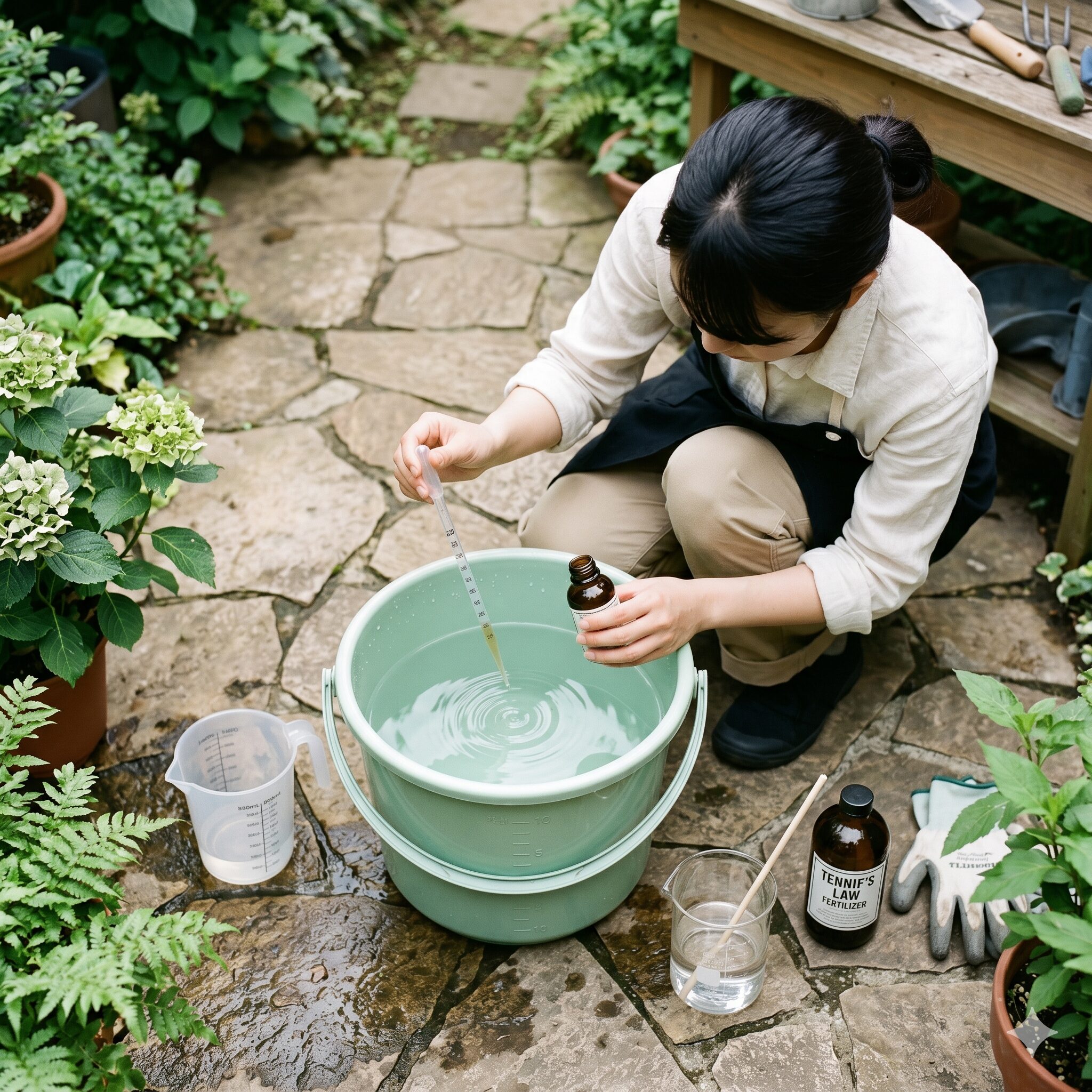 バラ 殺虫剤 ローテーション8　薬害を防ぐために正確に薬剤を計量して希釈・調合する様子