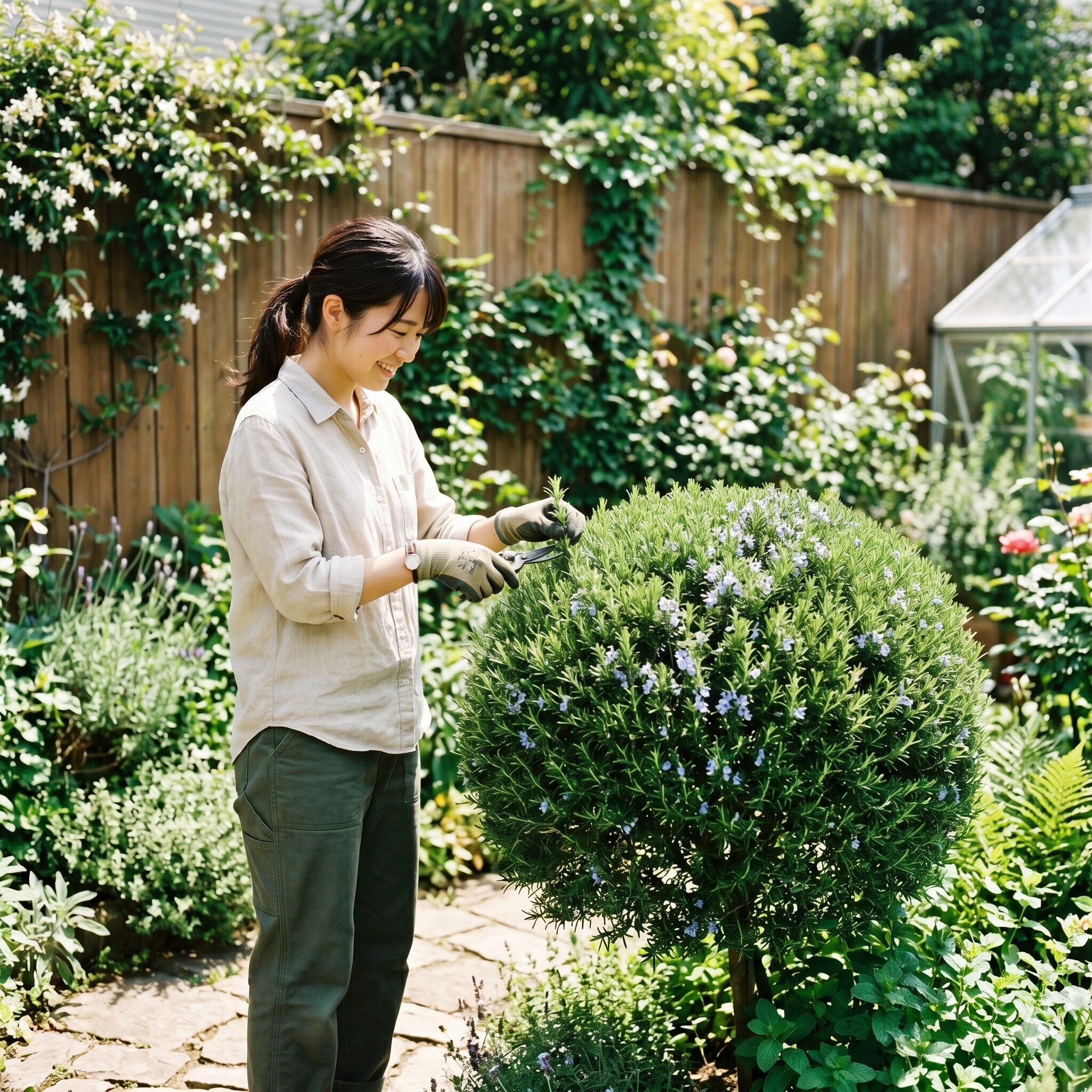 ローズマリー 剪定 丸く1　庭のウッドフェンスを背景に、完璧な球状に剪定された健康的で美しいローズマリーの株