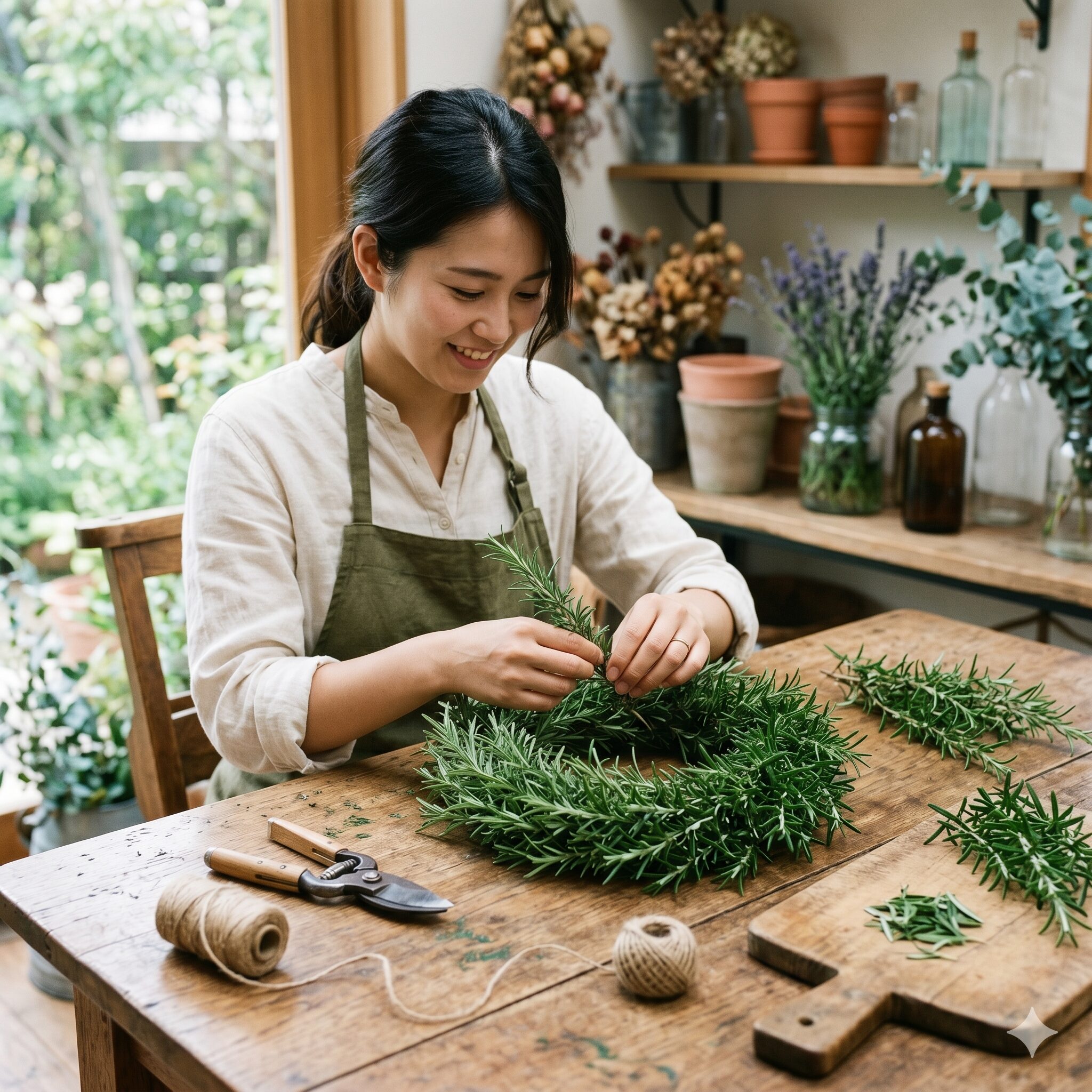ローズマリー 剪定 丸く10　剪定したローズマリーの枝を活用して手作りした香りの良いハーブリース