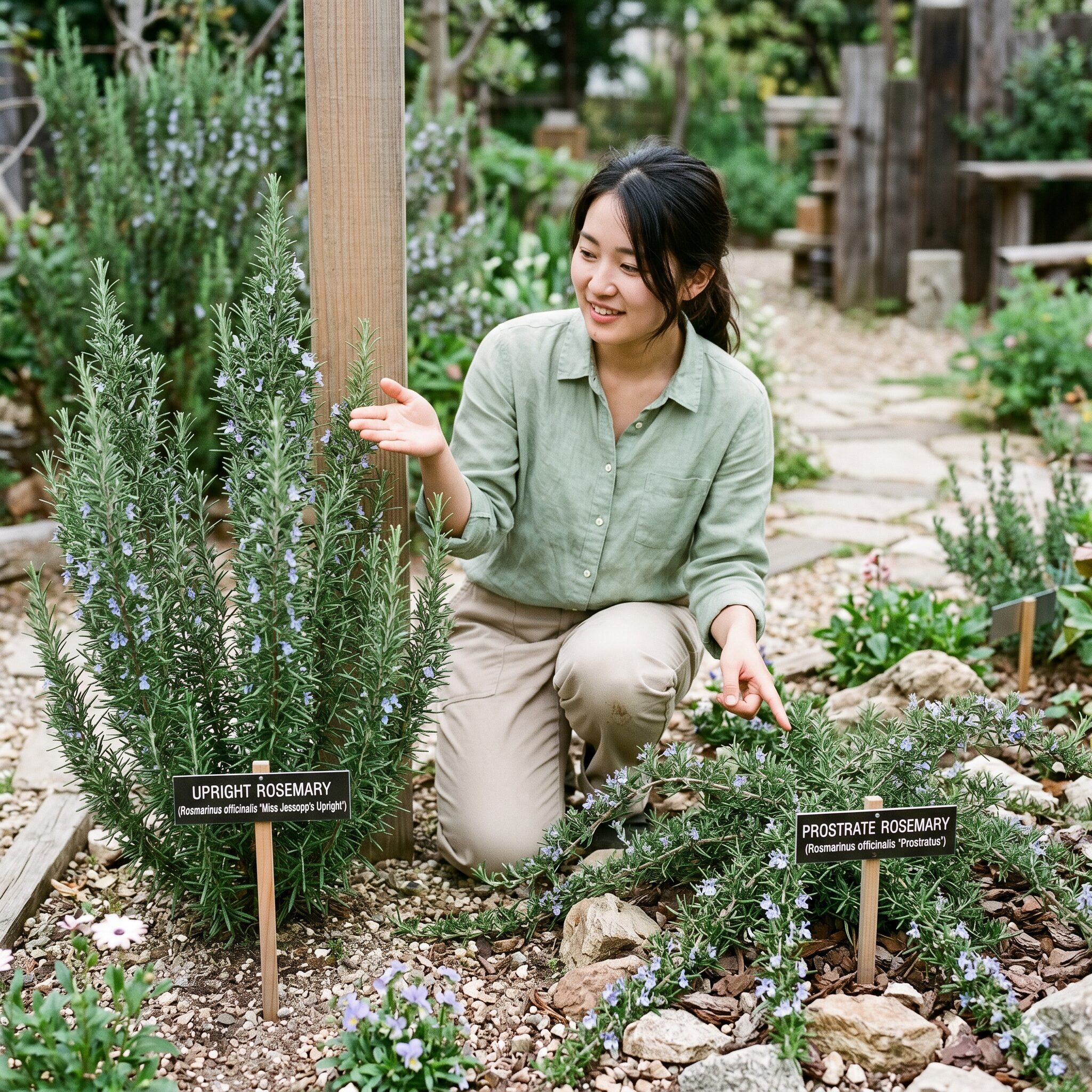 ローズマリー 剪定 丸く2　立性と匍匐性のローズマリーの成長習慣の違いを示す比較写真
