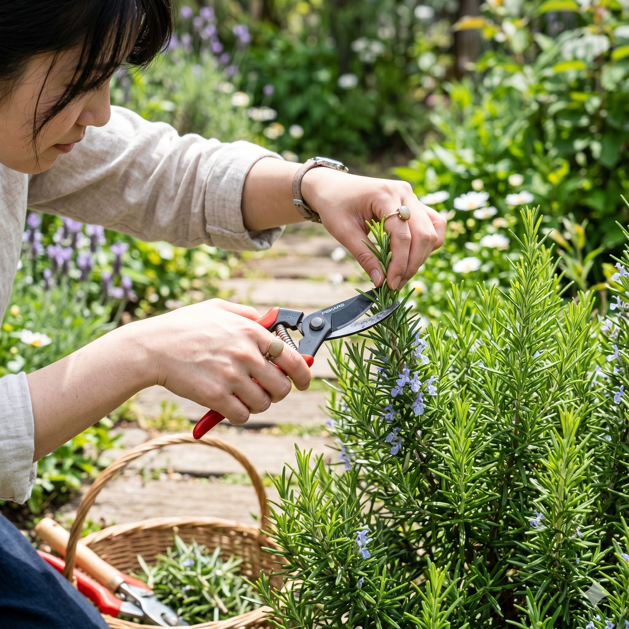 ローズマリー 剪定 丸く3　春の剪定でローズマリーの天頂部をカットし球状に形を整える様子