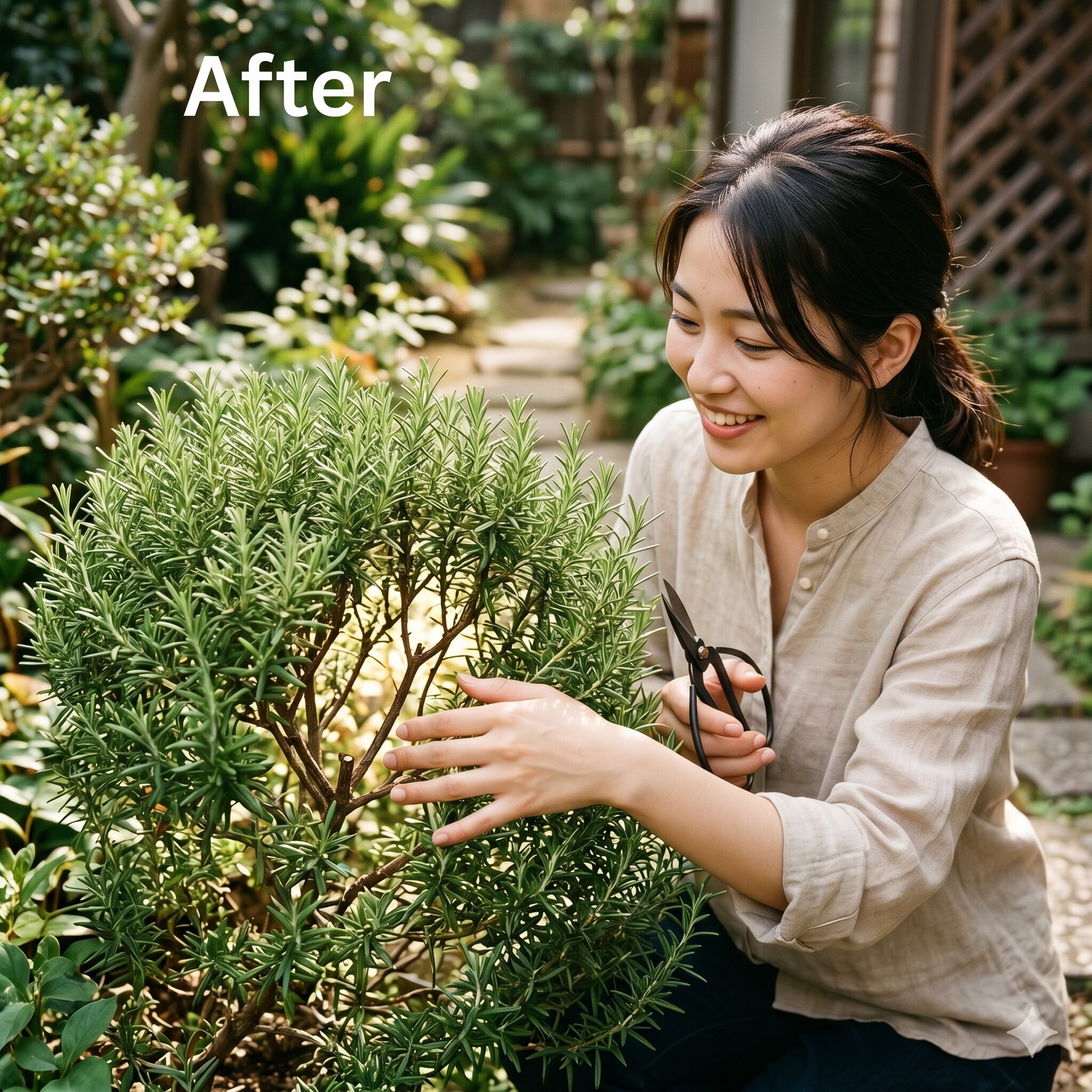 ローズマリー 剪定 丸く4　梅雨の蒸れ対策として内側の枝を透かし剪定したローズマリーの株元