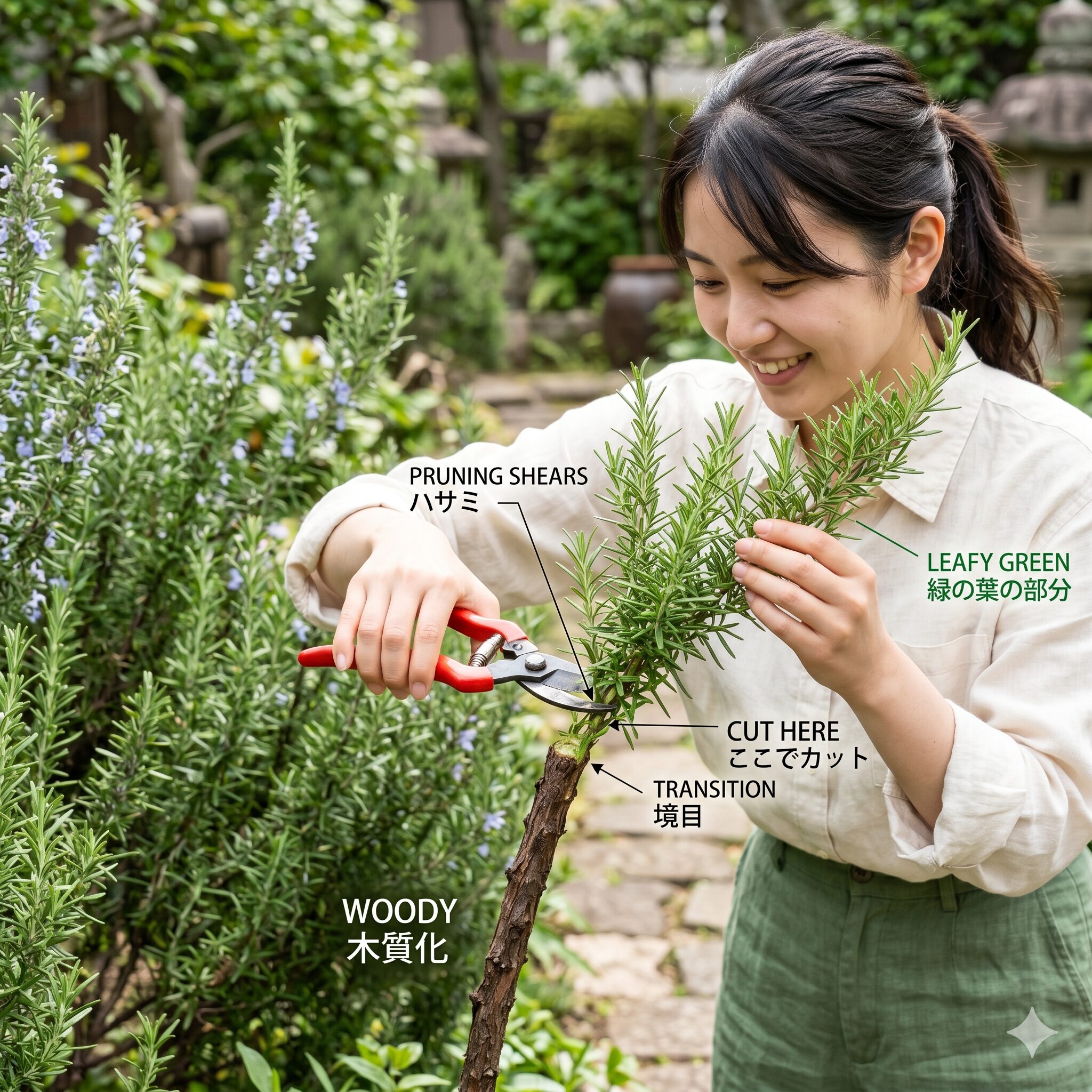 ローズマリー 剪定 丸く5　木質化したローズマリーの枝で緑の葉を残して剪定すべき位置の解説