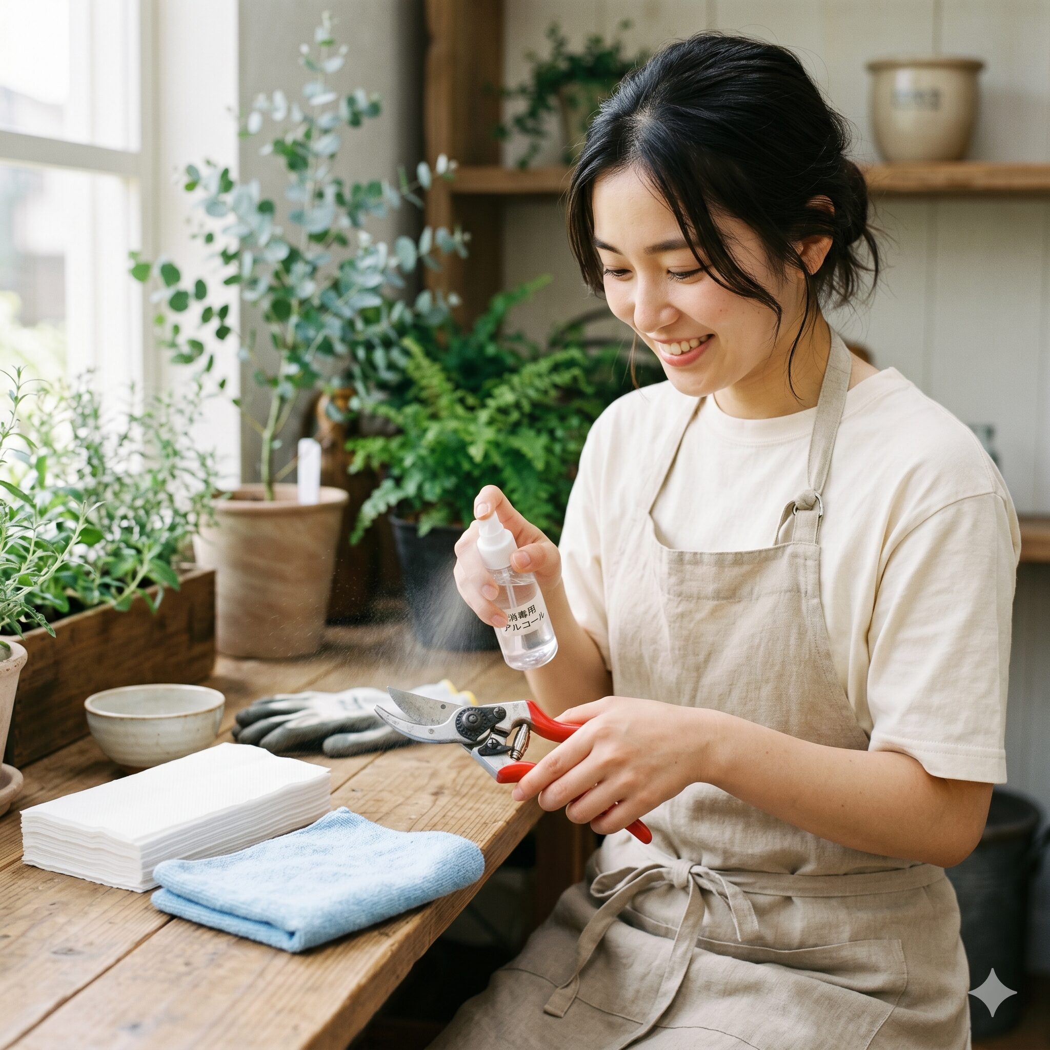ローズマリー 剪定 丸く6　ローズマリーの枝枯れ病を予防するために剪定バサミをアルコール消毒する様子