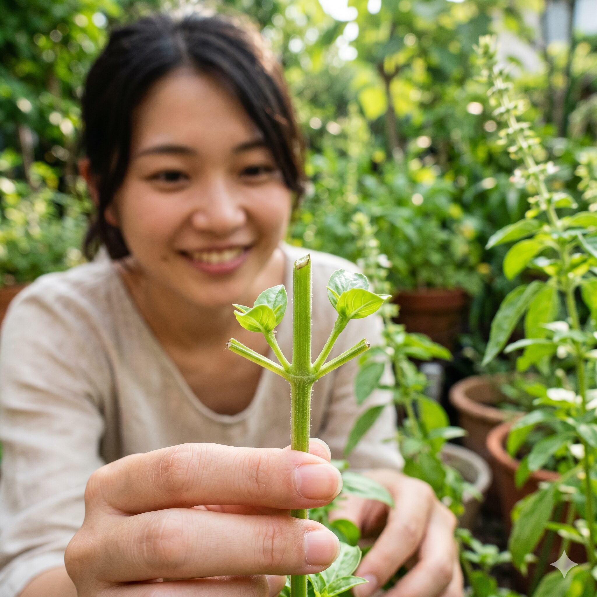 ローズマリー 剪定 丸く7　ローズマリーの摘心後に節から新しい脇芽が2本伸びてきた様子