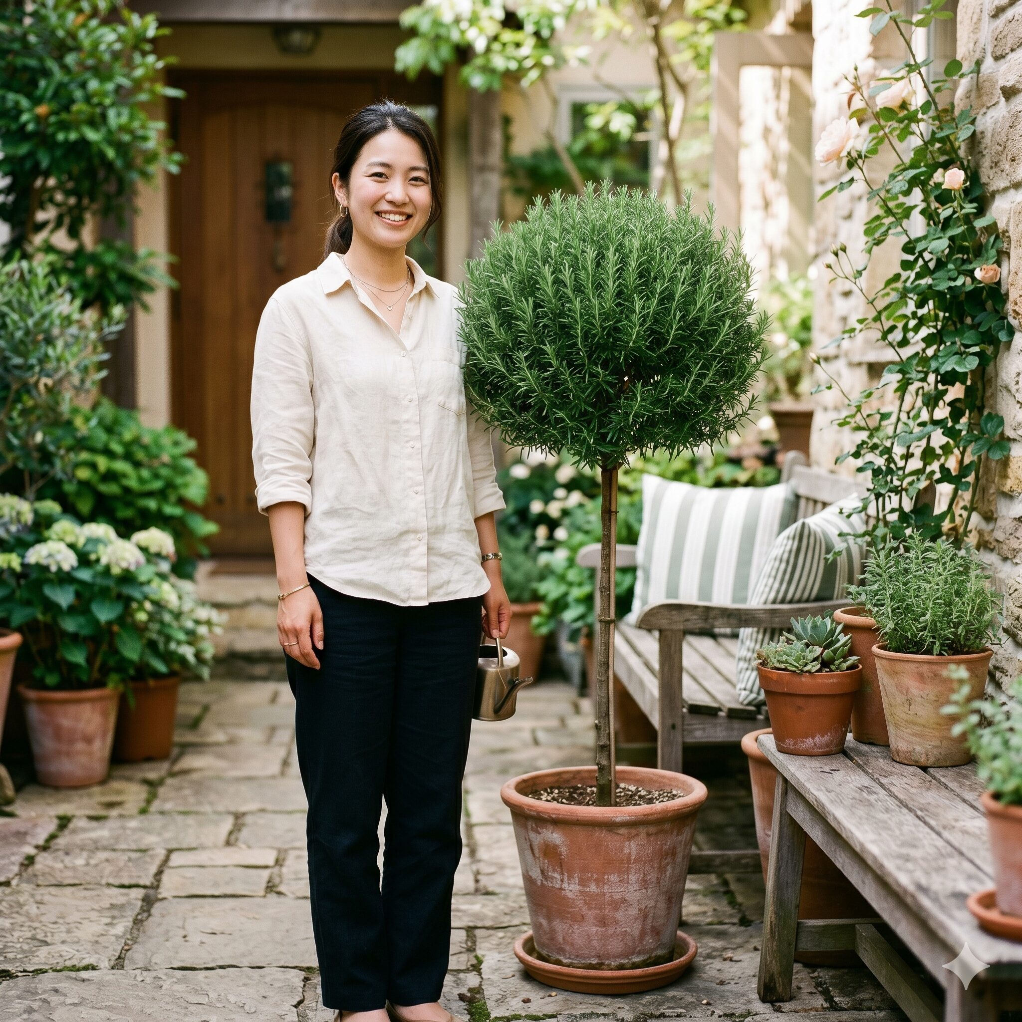 ローズマリー 剪定 丸く8　素焼きの鉢に植えられた一本立ちのスタンダード仕立てローズマリー