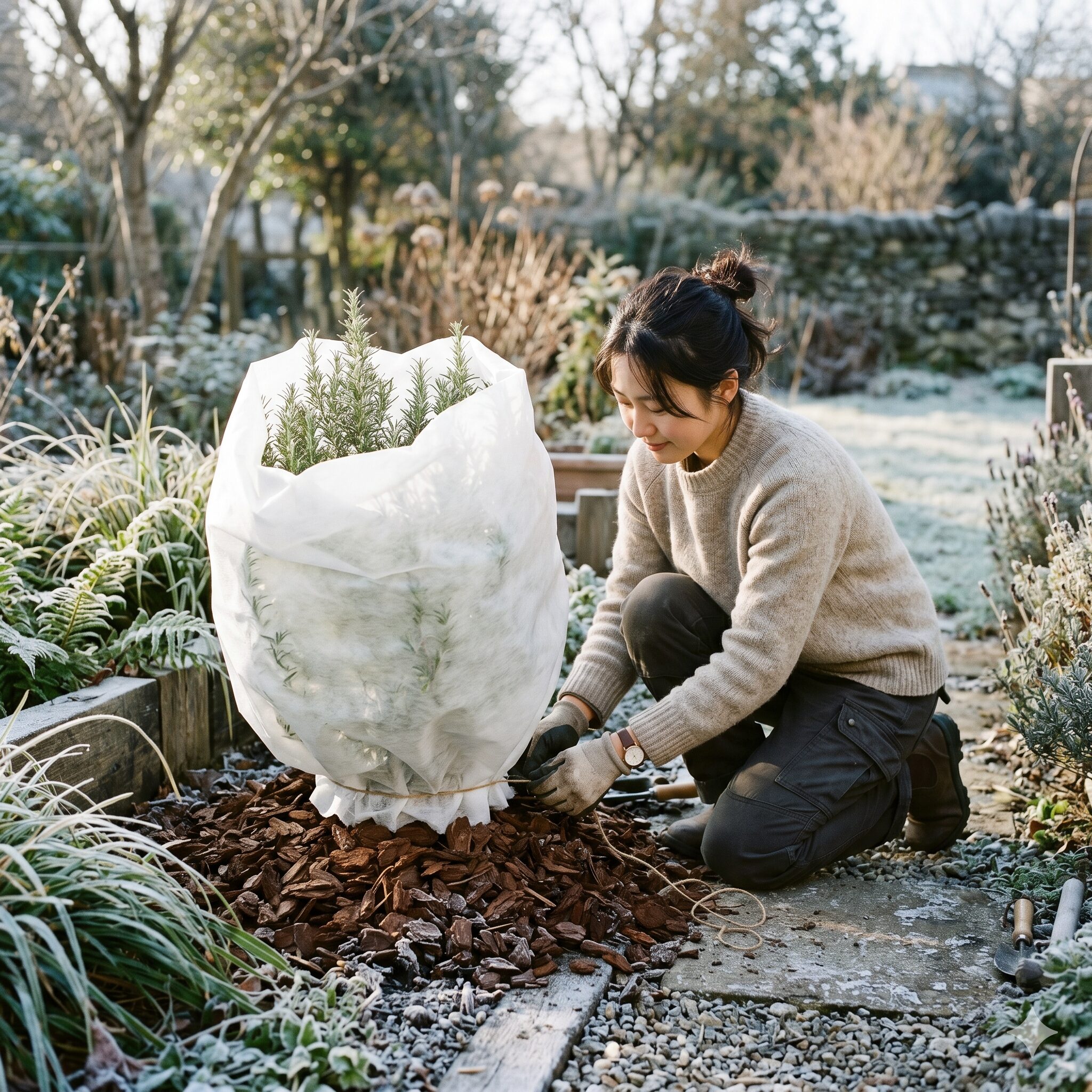 ローズマリー 剪定 丸く9　寒冷地での冬越しのために不織布とマルチングで防寒対策をされたローズマリー