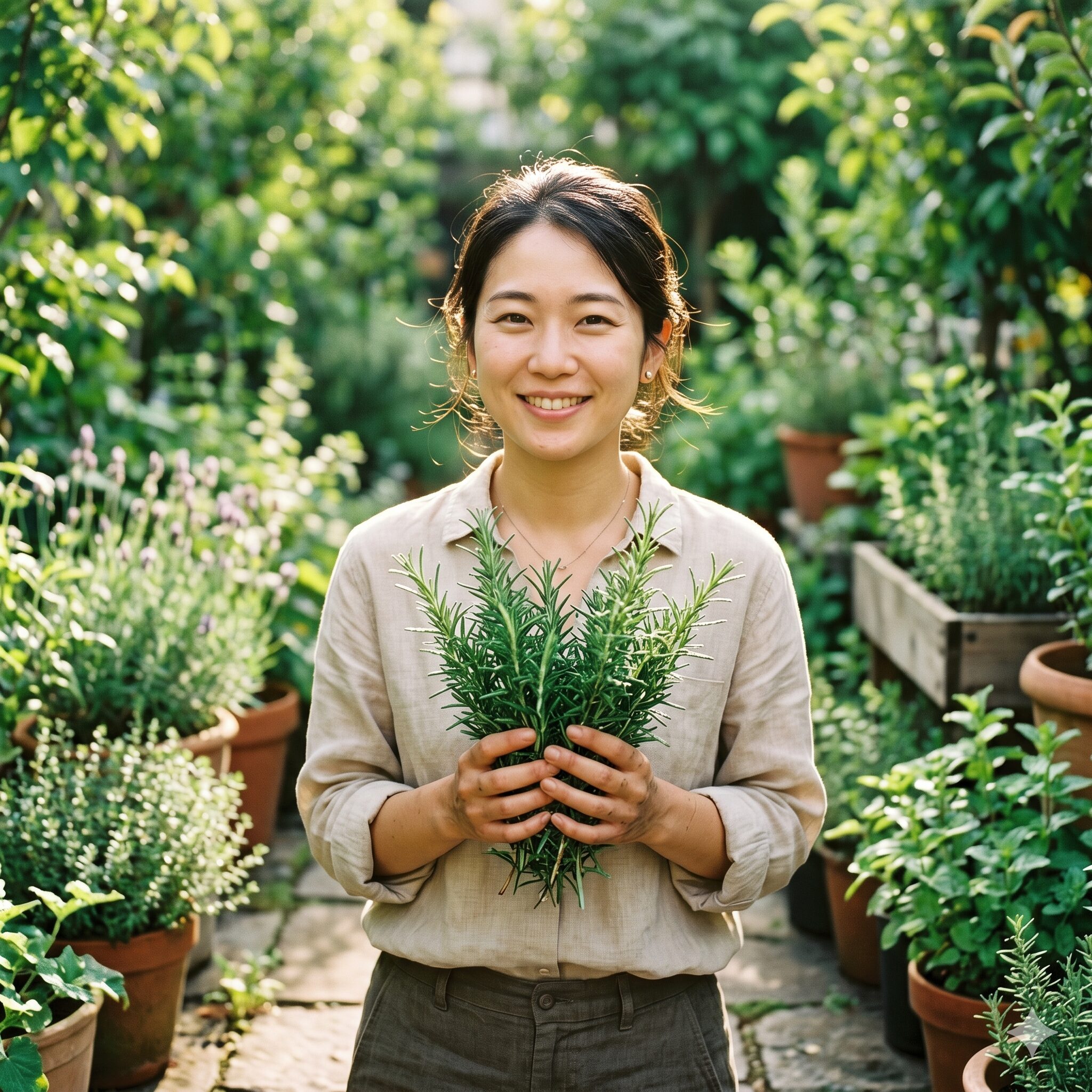 ローズマリー 生 使い方1　庭で収穫した新鮮な生のローズマリーを両手で持つ若い女性