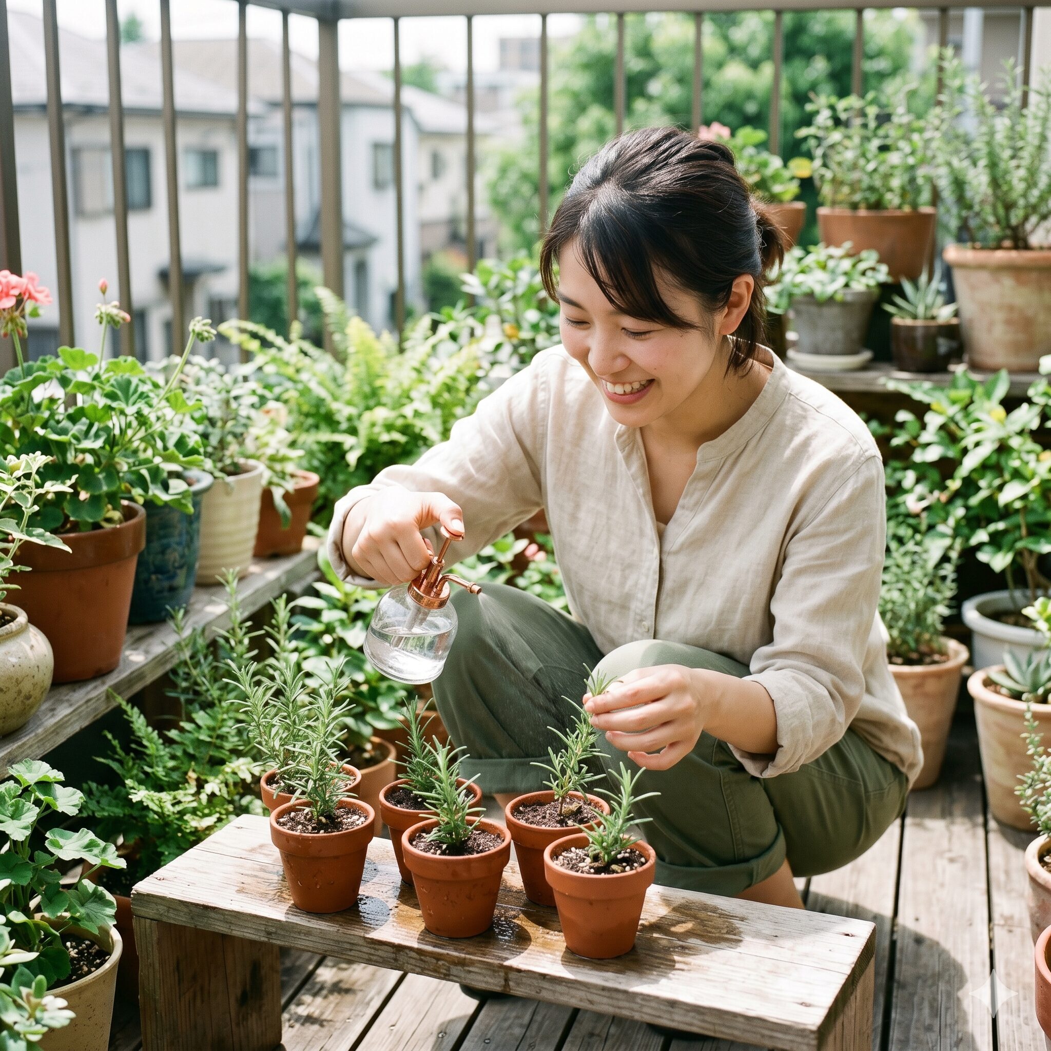 ローズマリー 生 使い方10　挿し木でローズマリーを増やすために水やりをする若い女性