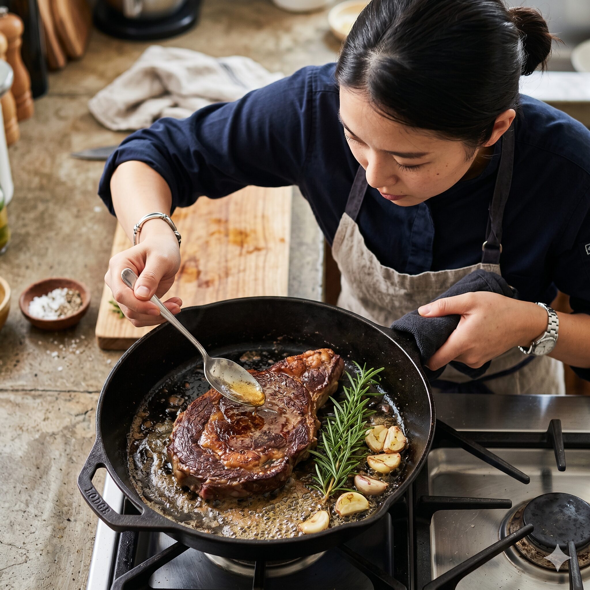 ローズマリー 生 使い方2　牛肉のステーキを焼きながら生のローズマリーでアロゼするシズル感のある写真