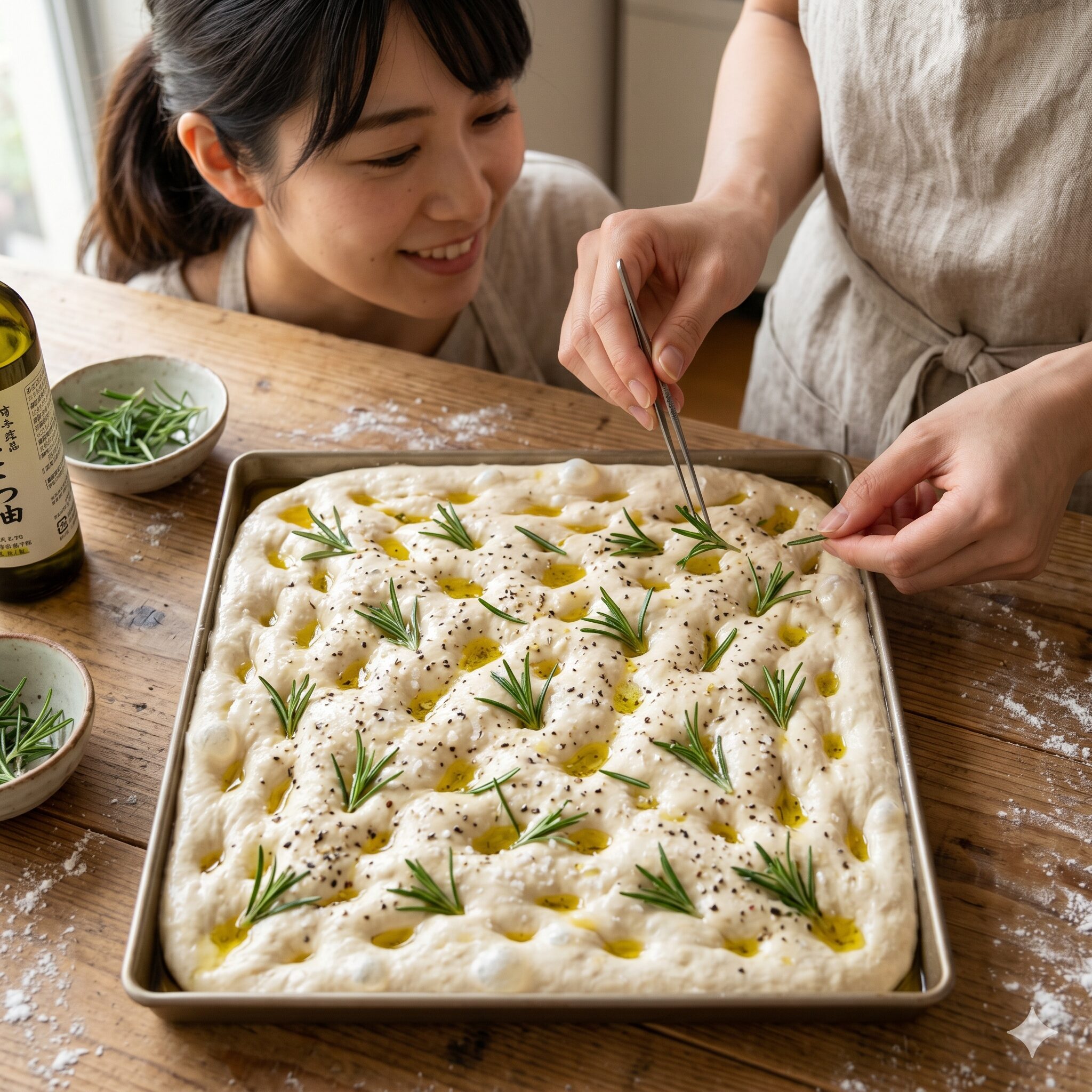 ローズマリー 生 使い方4　生のローズマリーを差し込んで仕上げた焼成前の自家製フォカッチャ生地
