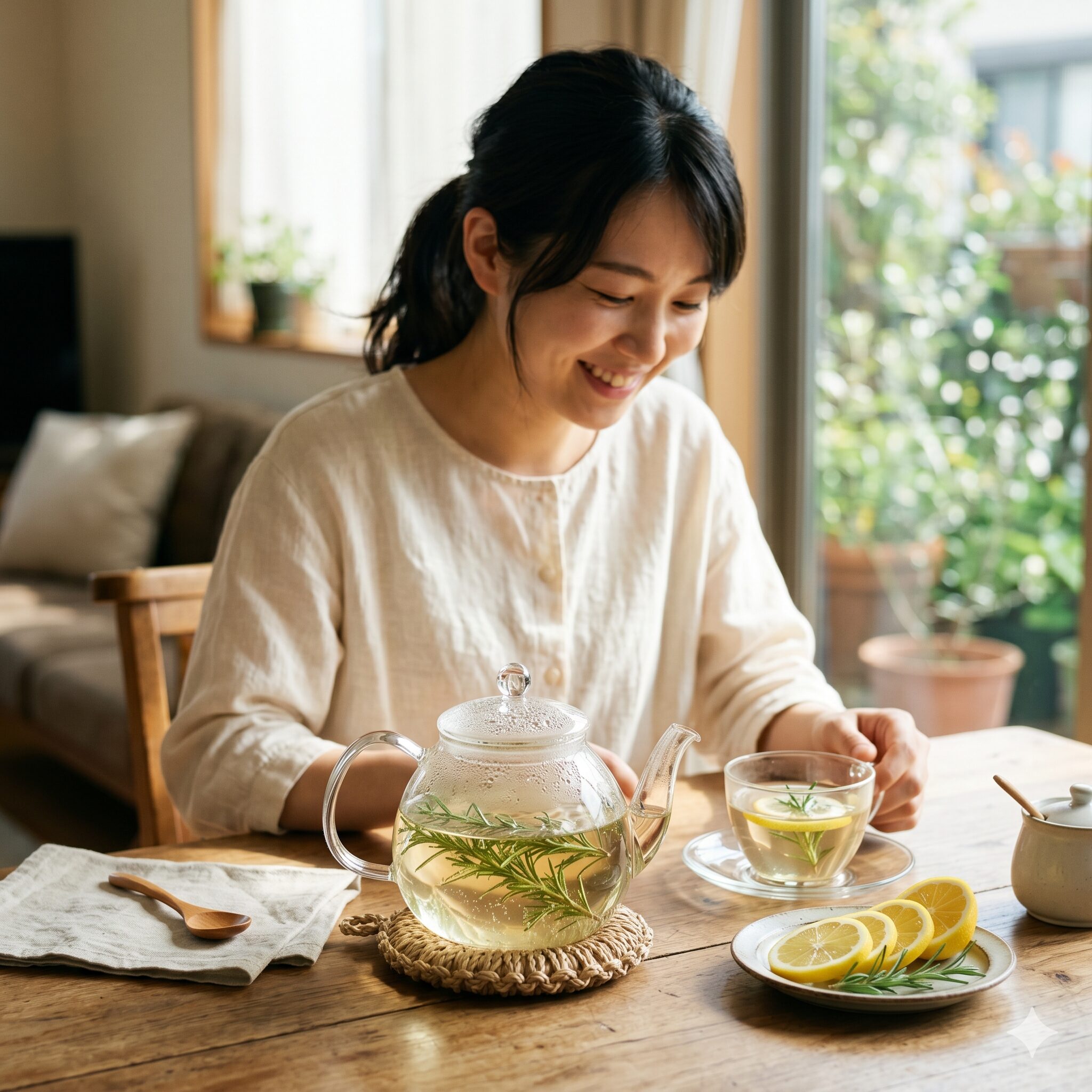 ローズマリー 生 使い方5　ガラスポットで淹れたみずみずしい香りの生のローズマリーティー