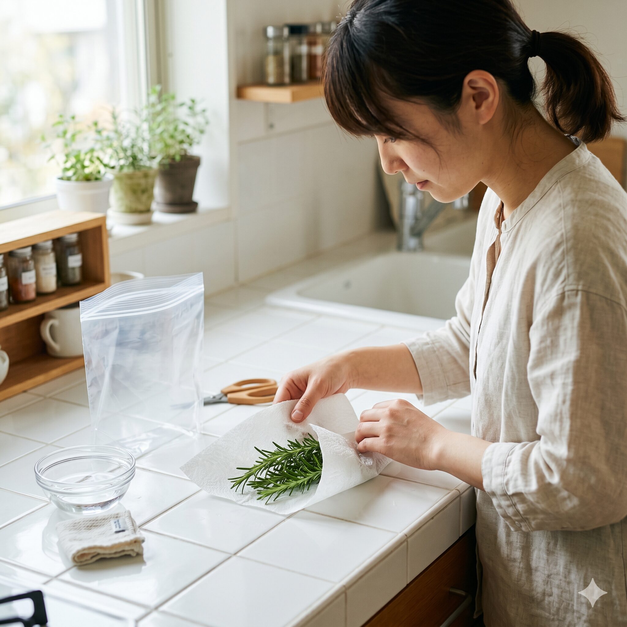 ローズマリー 生 使い方6　生のローズマリーを湿らせたペーパーで包む冷蔵保存の手順
