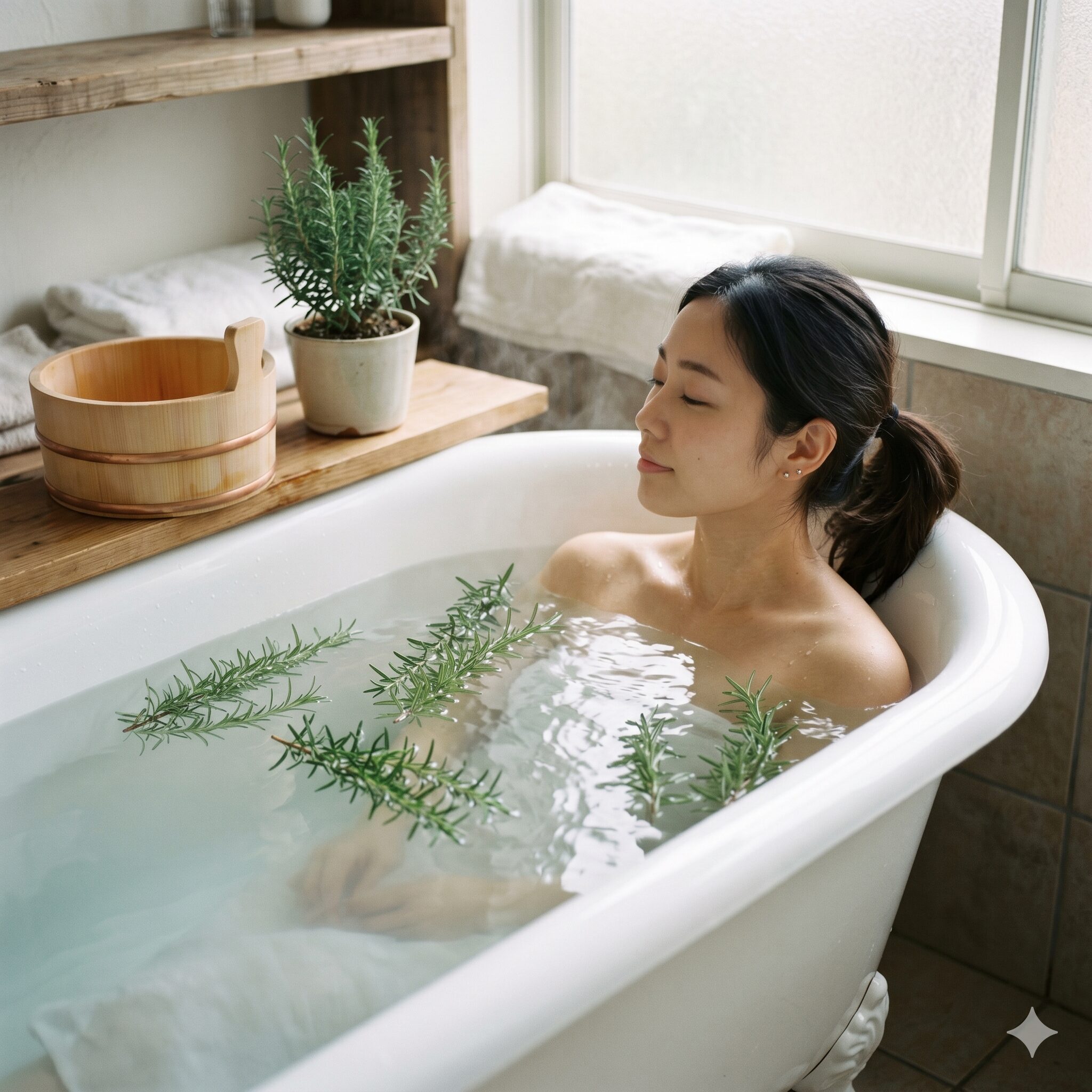 ローズマリー 生 使い方9　生のローズマリーの枝を浮かべたリラックス効果のあるハーブバス