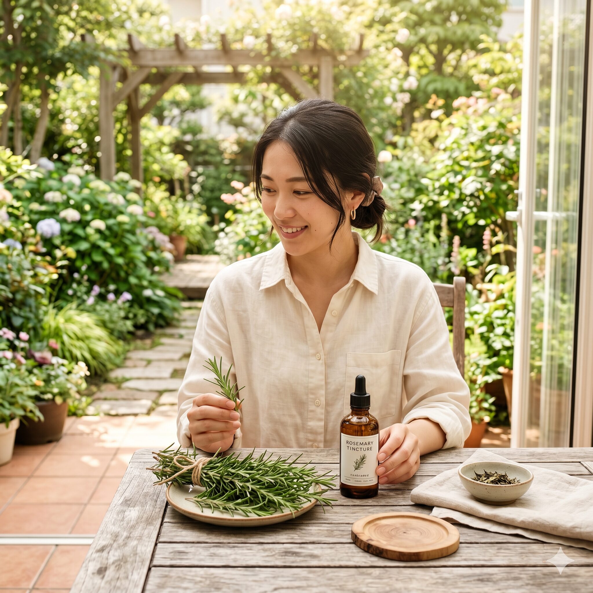 ローズマリーチンキ 効能1　庭のテーブルに置かれた新鮮なローズマリーの枝と手作りのローズマリーチンキの遮光瓶