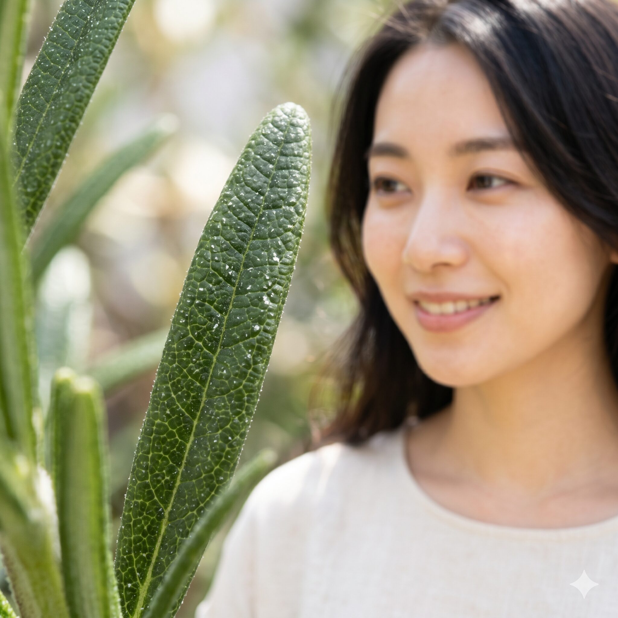 ローズマリーチンキ 効能2　美肌成分ウルソール酸を含むローズマリーの葉のマクロ写真と健やかな肌のイメージ