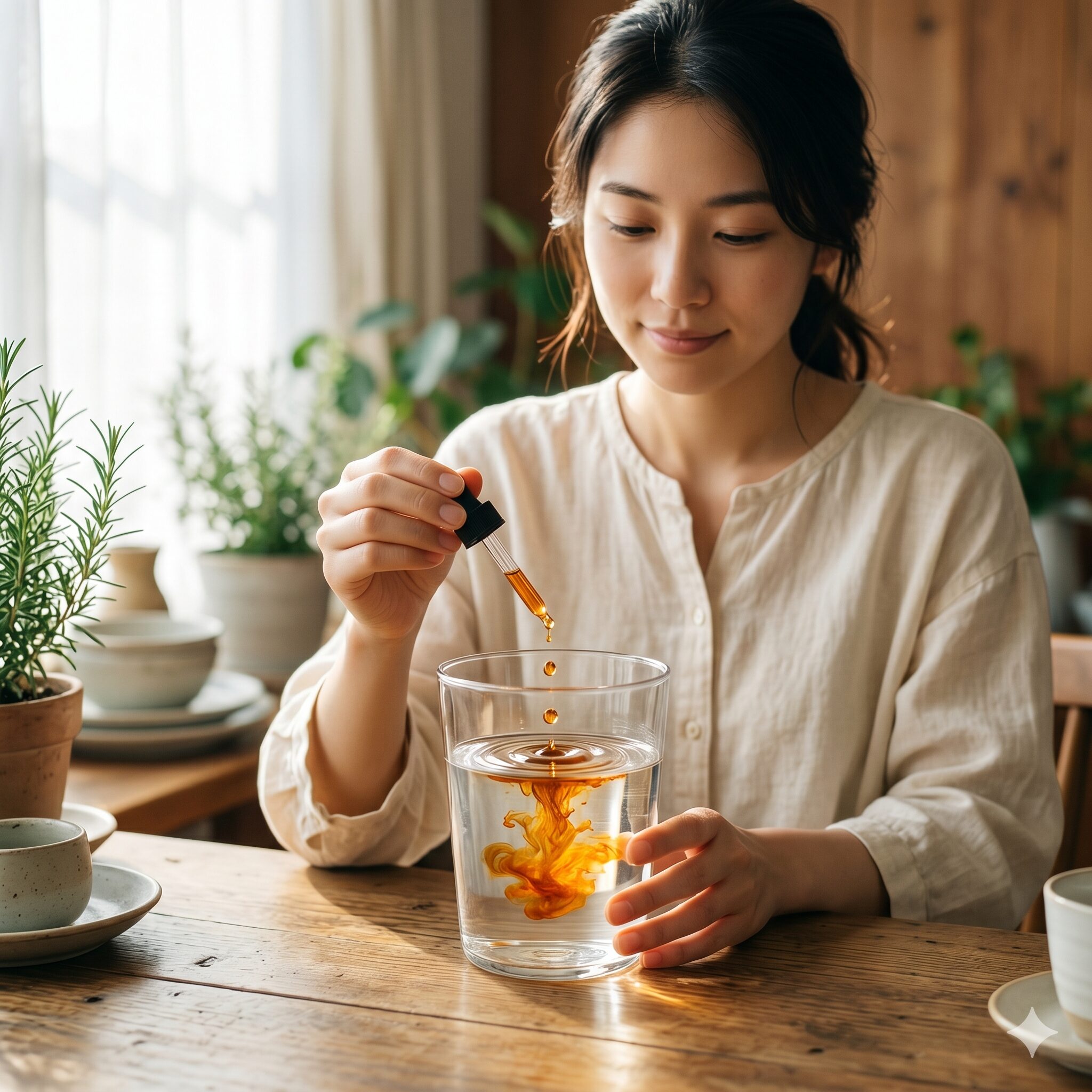 ローズマリーチンキ 効能3　アレルギー緩和に役立つロスマリン酸を含むローズマリーチンキを水に垂らす様子