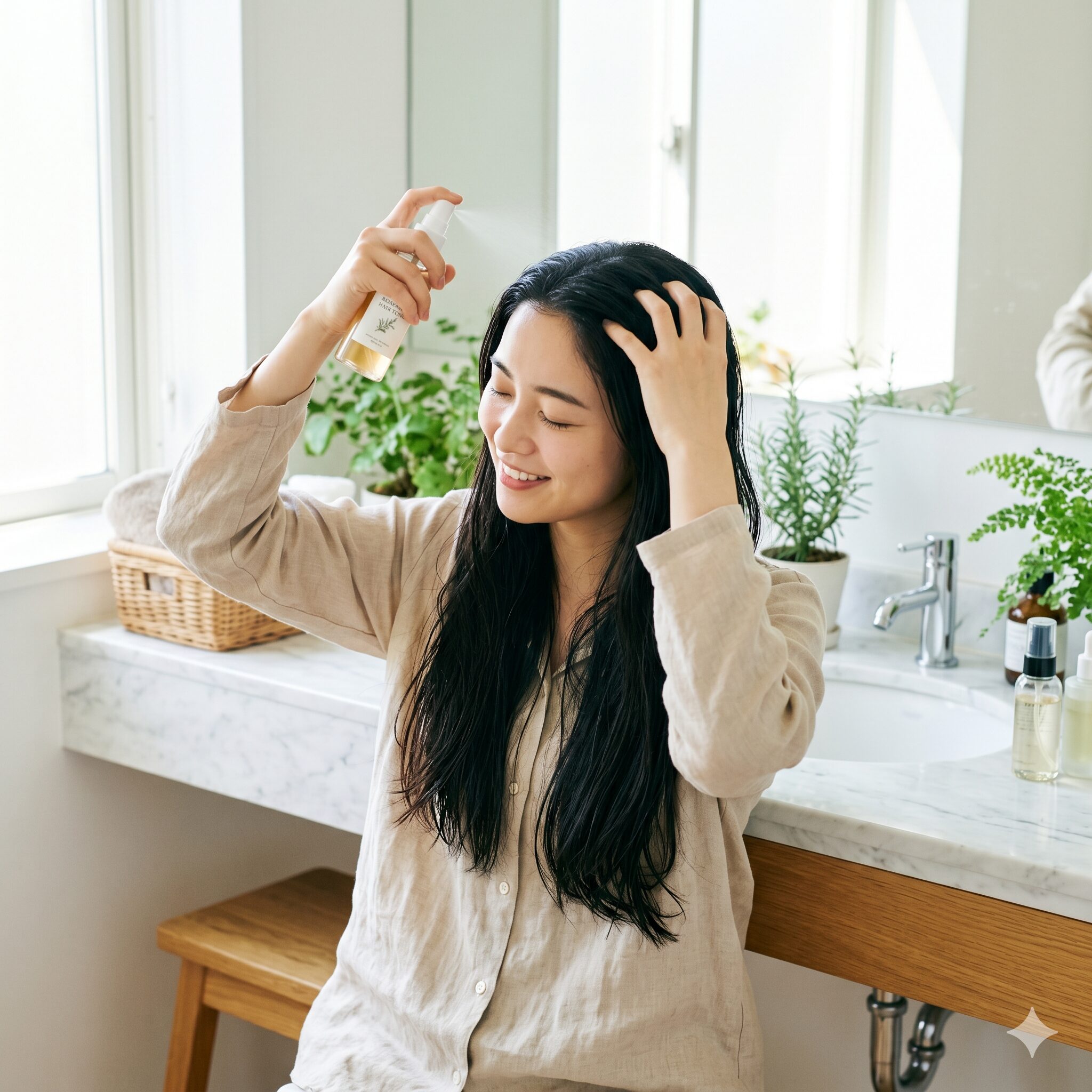 ローズマリーチンキ 効能4　ローズマリーチンキのヘアトニックで頭皮マッサージをする女性のヘアケア風景