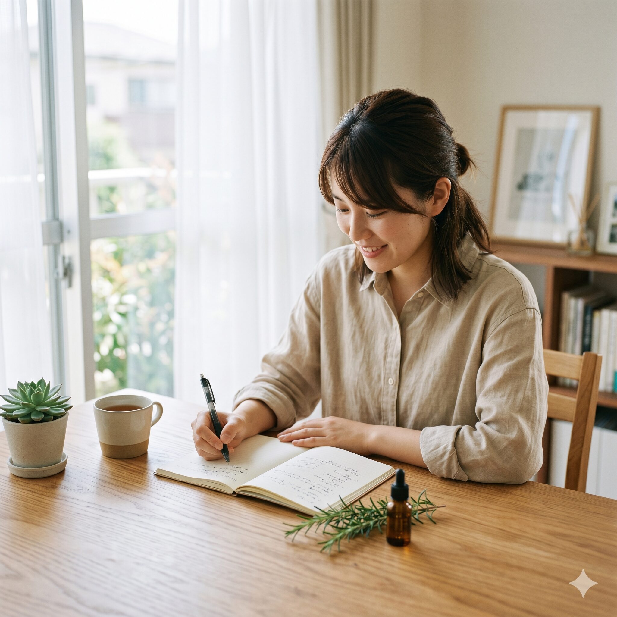 ローズマリーチンキ 効能5　仕事効率を高めるローズマリーの香りのスプレーとデスクワークの様子