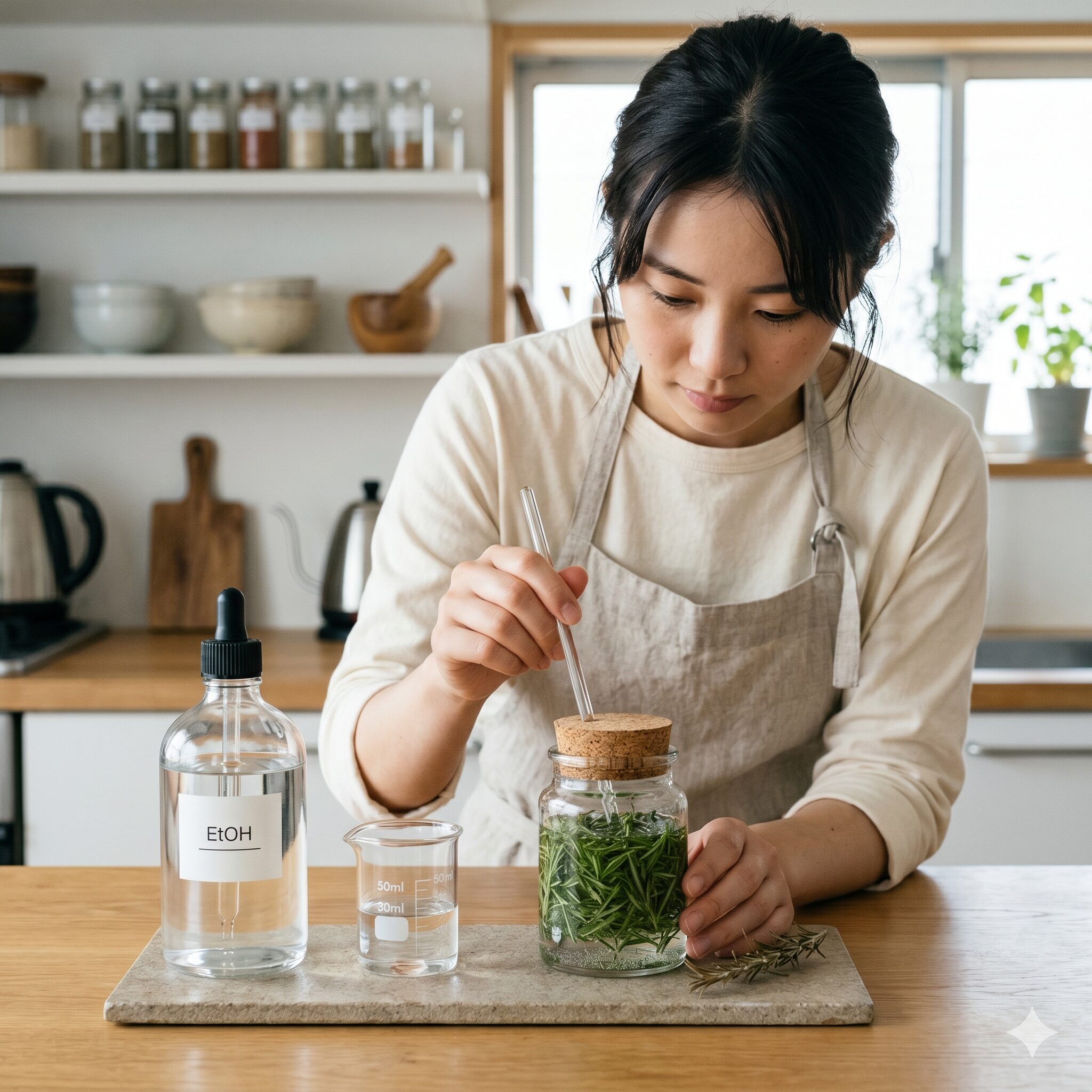 ローズマリーチンキ 効能7　ウルソール酸抽出に適した無水エタノールとローズマリーチンキ作りの道具