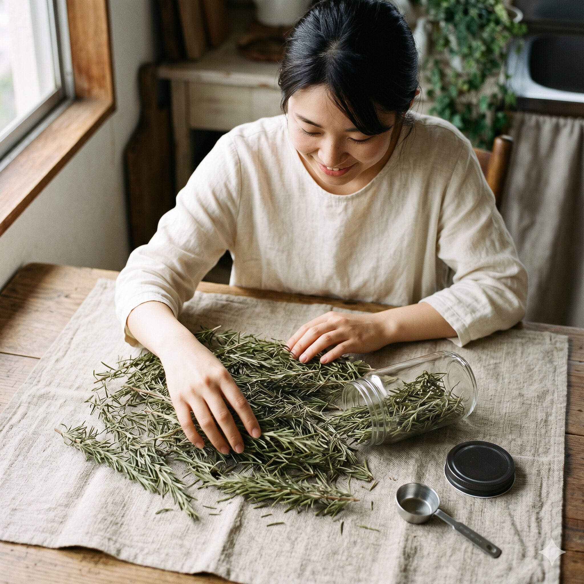 ローズマリーチンキ 効能8　ローズマリーチンキ作りに適した乾燥ローズマリーと清潔なガラス瓶