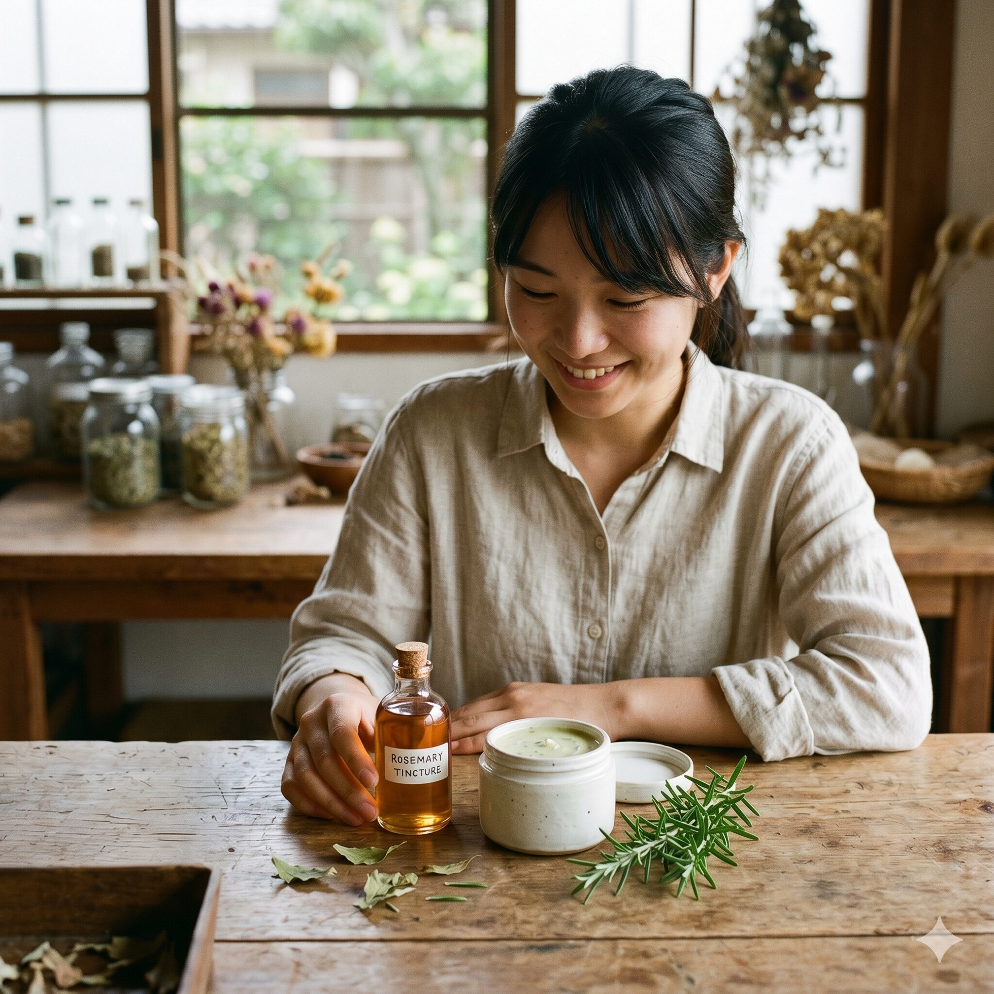 ローズマリーチンキ 効能9　ウルソール酸を凝縮した手作りのローズマリー軟膏と抽出液のイメージ