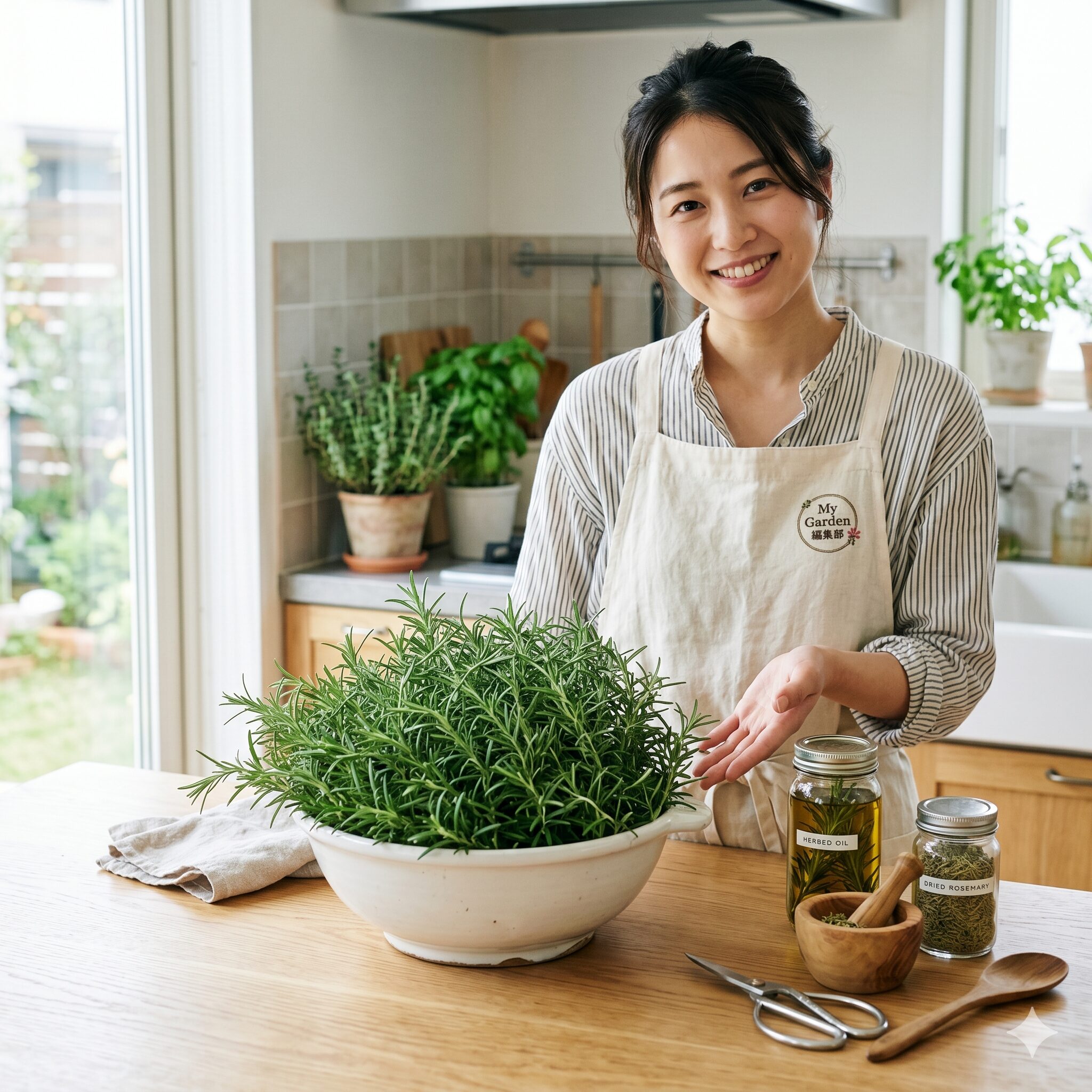 ローズマリー大量消費レシピ1　大量のフレッシュなローズマリーを山盛りにしたボウルを前に、調理や保存の準備をするMy Garden編集部の女性の手元。ハーブの大量消費をイメージ。