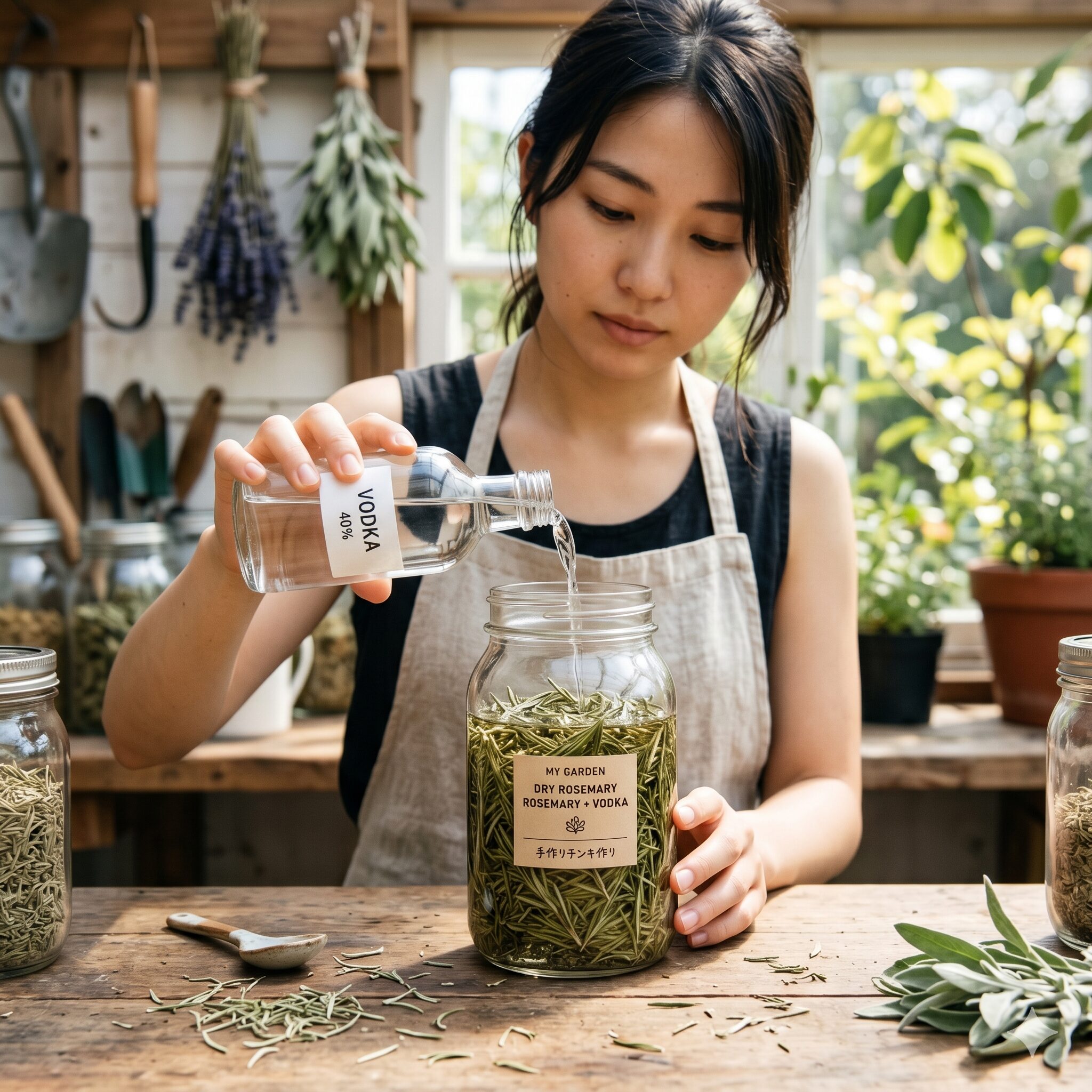 ローズマリー大量消費レシピ10　透明な瓶に乾燥ローズマリーを詰め、ウォッカを注ぐ手元のアップ。My Garden編集部によるローズマリーチンキの作成。専門的な手順。