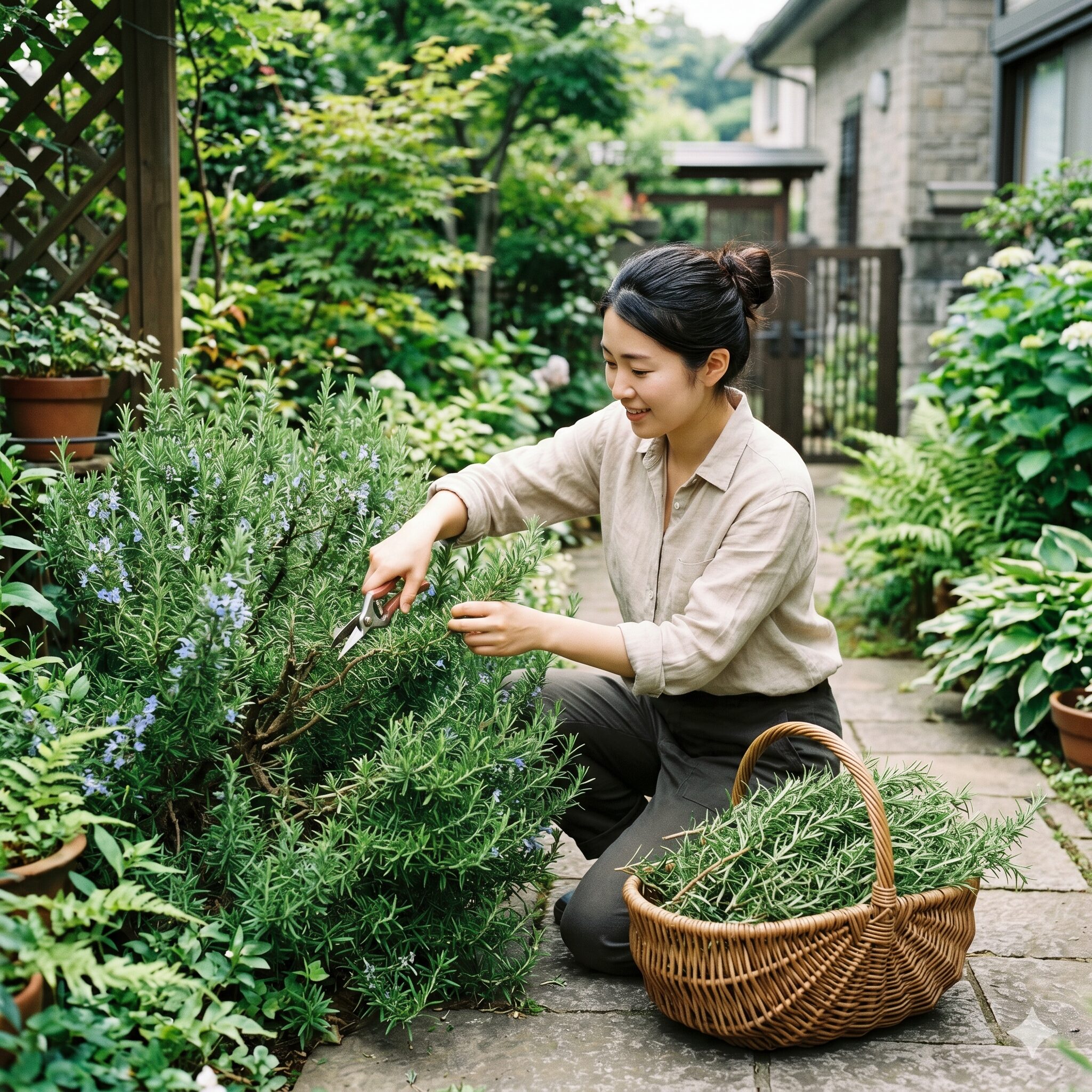 ローズマリー大量消費レシピ2　ローズマリーの株を健康に保つための「強剪定」を、ベランダ菜園で実践するMy Garden編集部の女性の手元。収穫した枝がカゴにたまっている。
