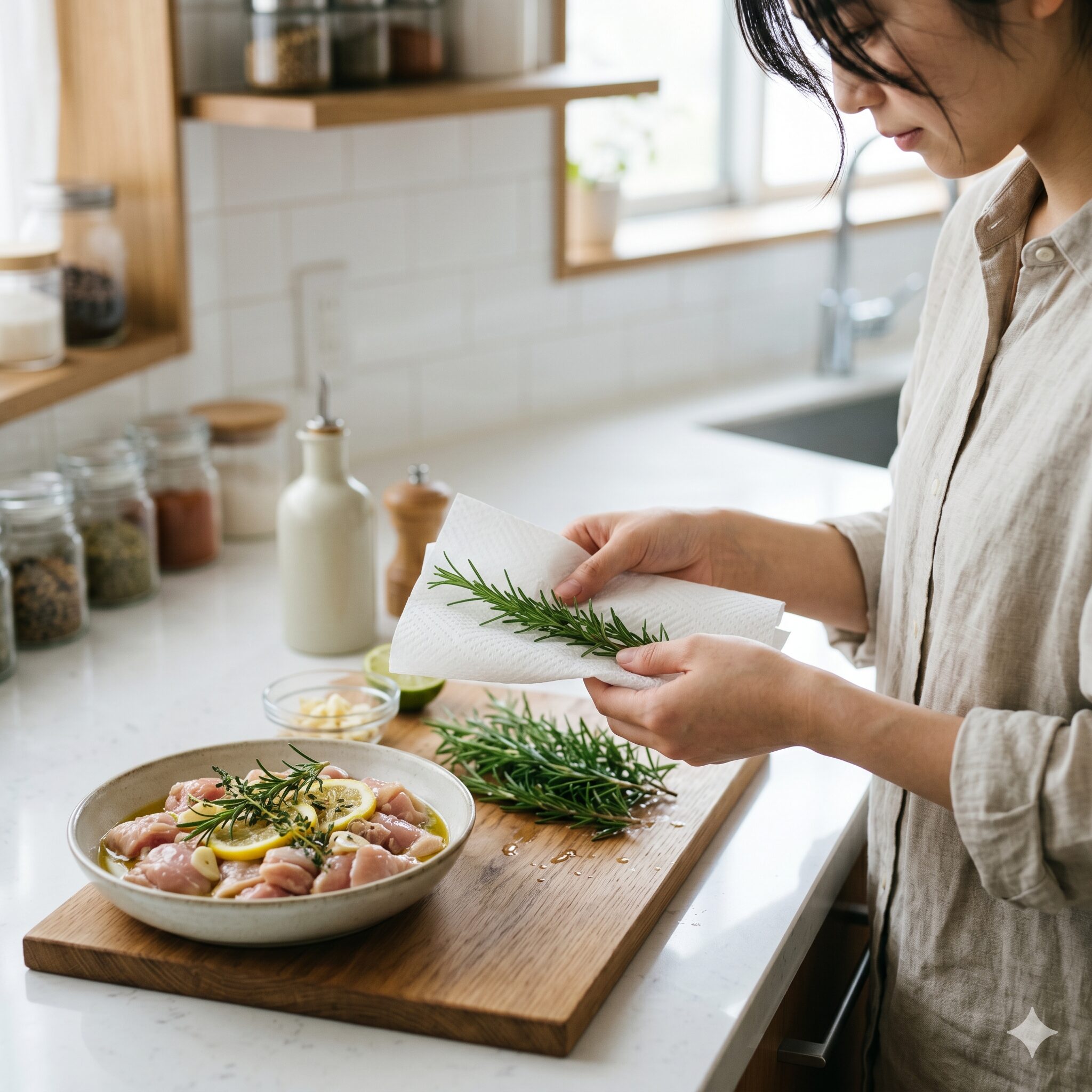 ローズマリー大量消費レシピ3　調理前に、ローズマリーの枝の水分をキッチンペーパーで丁寧に拭き取る手元のアップ。My Garden編集部による料理の下準備。