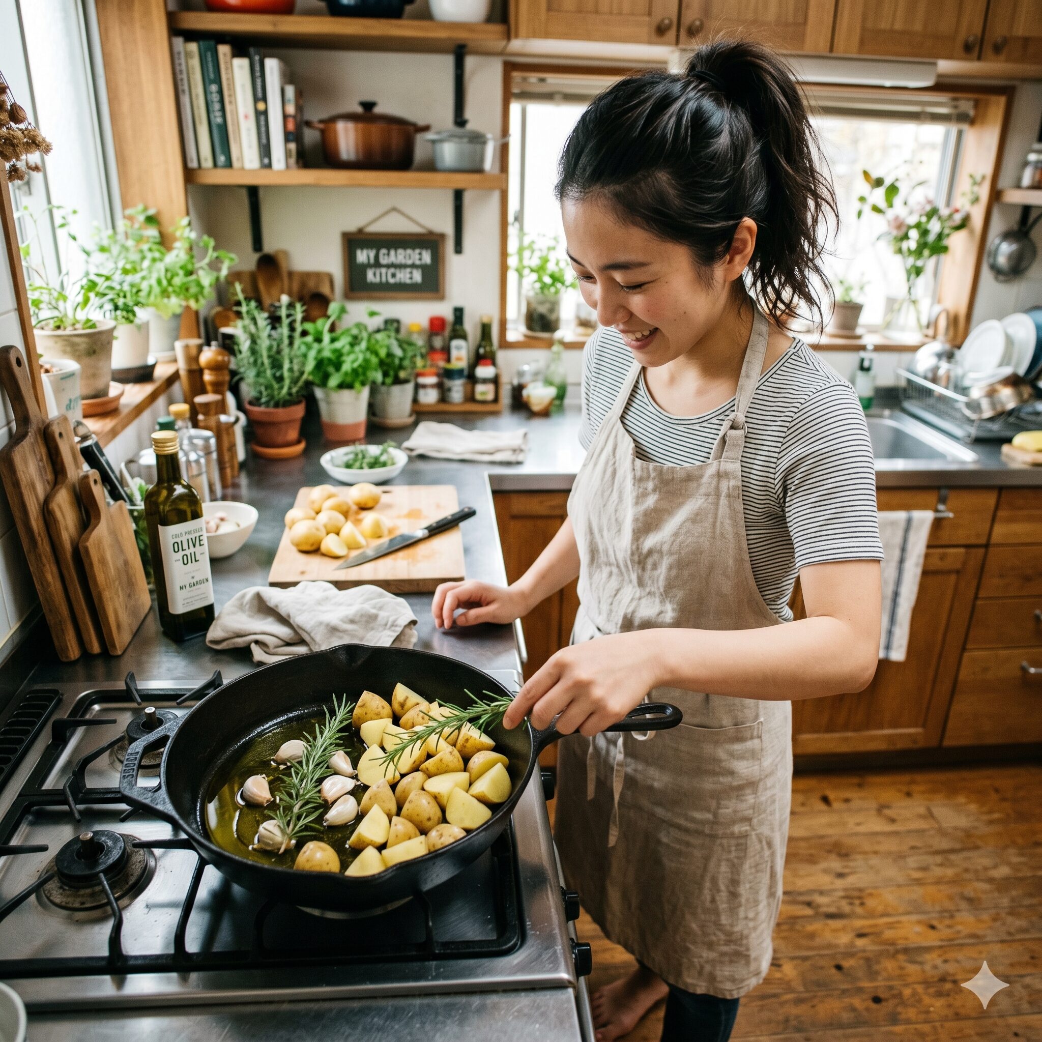 ローズマリー大量消費レシピ4　苦味を防ぐ「コールドスタート」で、ローズマリーポテトを作る準備をする様子。冷たい油、にんにく、ローズマリー、じゃがいもが入ったフライパン。