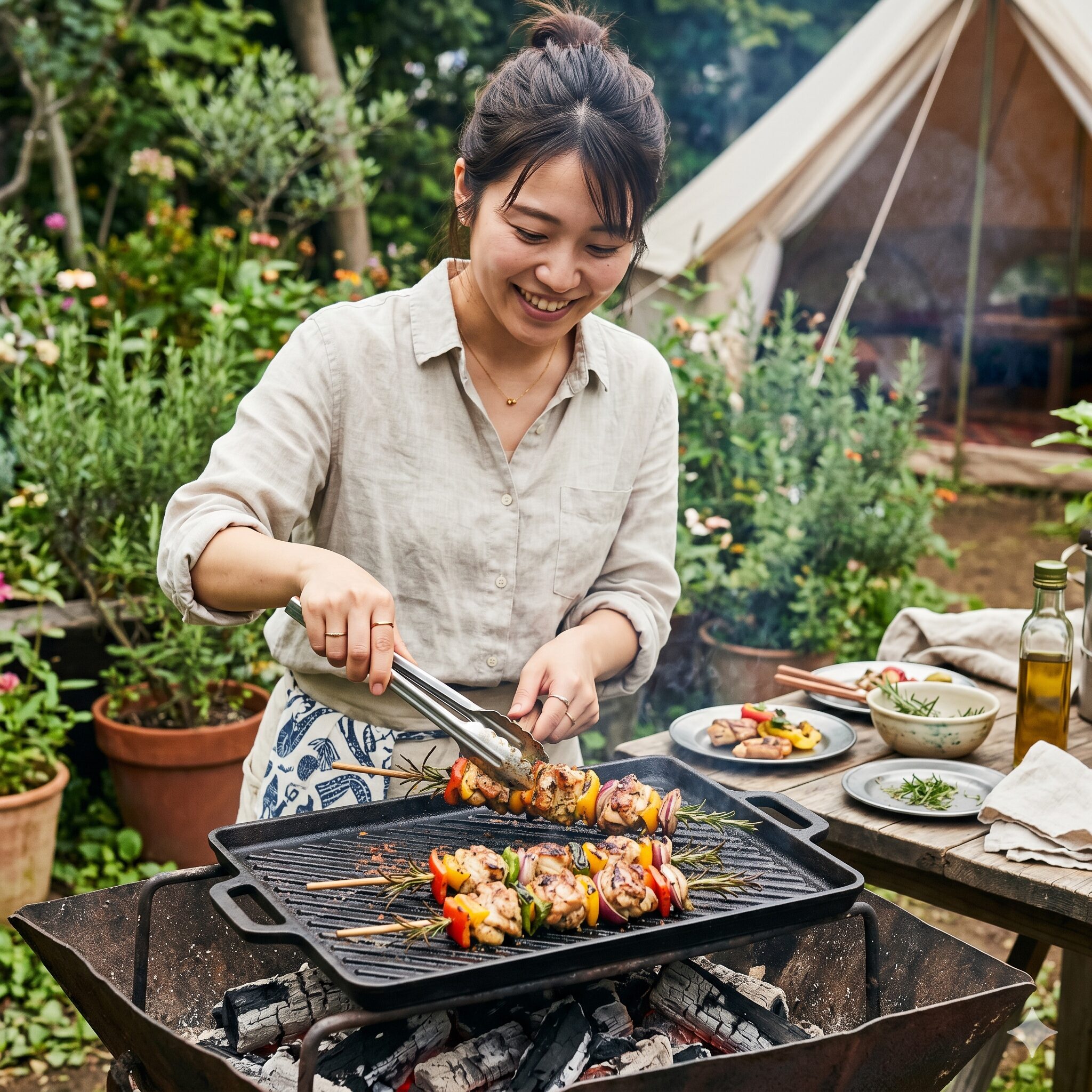 ローズマリー大量消費レシピ5　ローズマリーの硬い茎を串として再利用し、鶏肉と野菜をグリルする様子。茎から良い香りが漂う調理例。