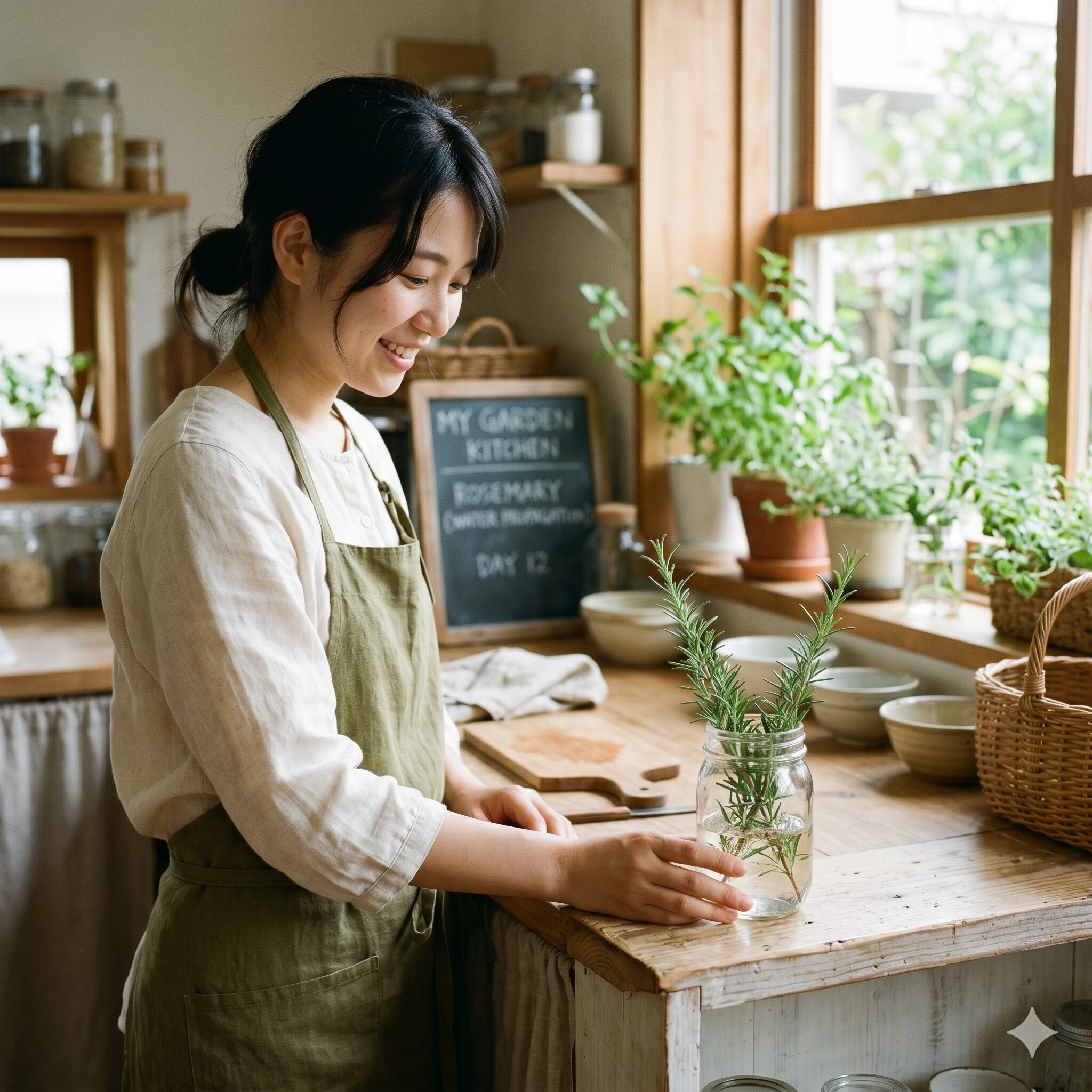 ローズマリー大量消費レシピ6　キッチンに置かれた、ローズマリーの枝を透明な瓶に立てて水挿し保存する様子。2週間鮮度を保つコツ。