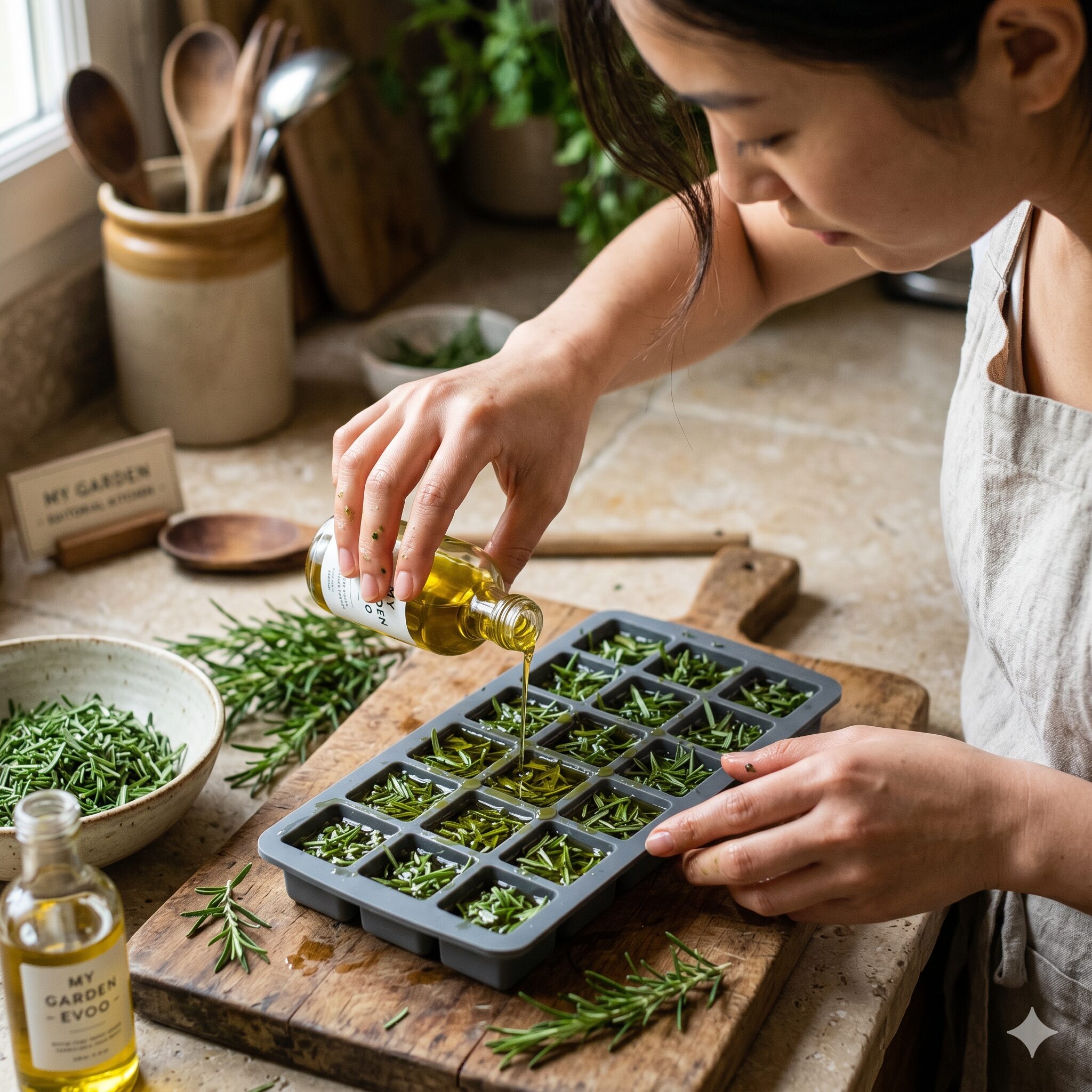 ローズマリー大量消費レシピ7　製氷皿に刻んだローズマリーを詰め、オリーブオイルを注ぐ手元のアップ。My Garden編集部によるハーブオイルキューブの作成。