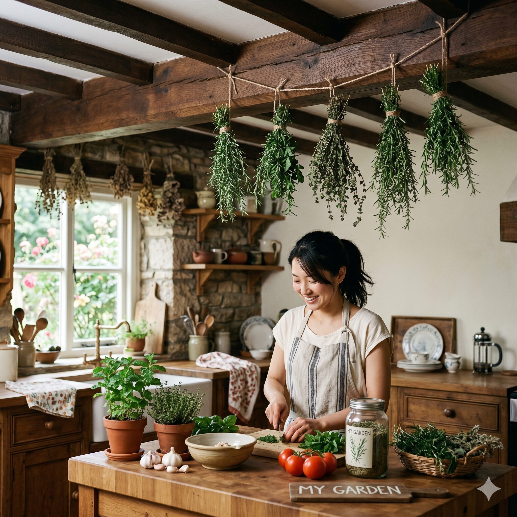 ローズマリー大量消費レシピ8　キッチンの木の梁に、麻紐で束ねられたローズマリーのスワッグが吊り下げられ、ドライハーブになっている。My Gardenのブランドを意識した自然な乾燥。