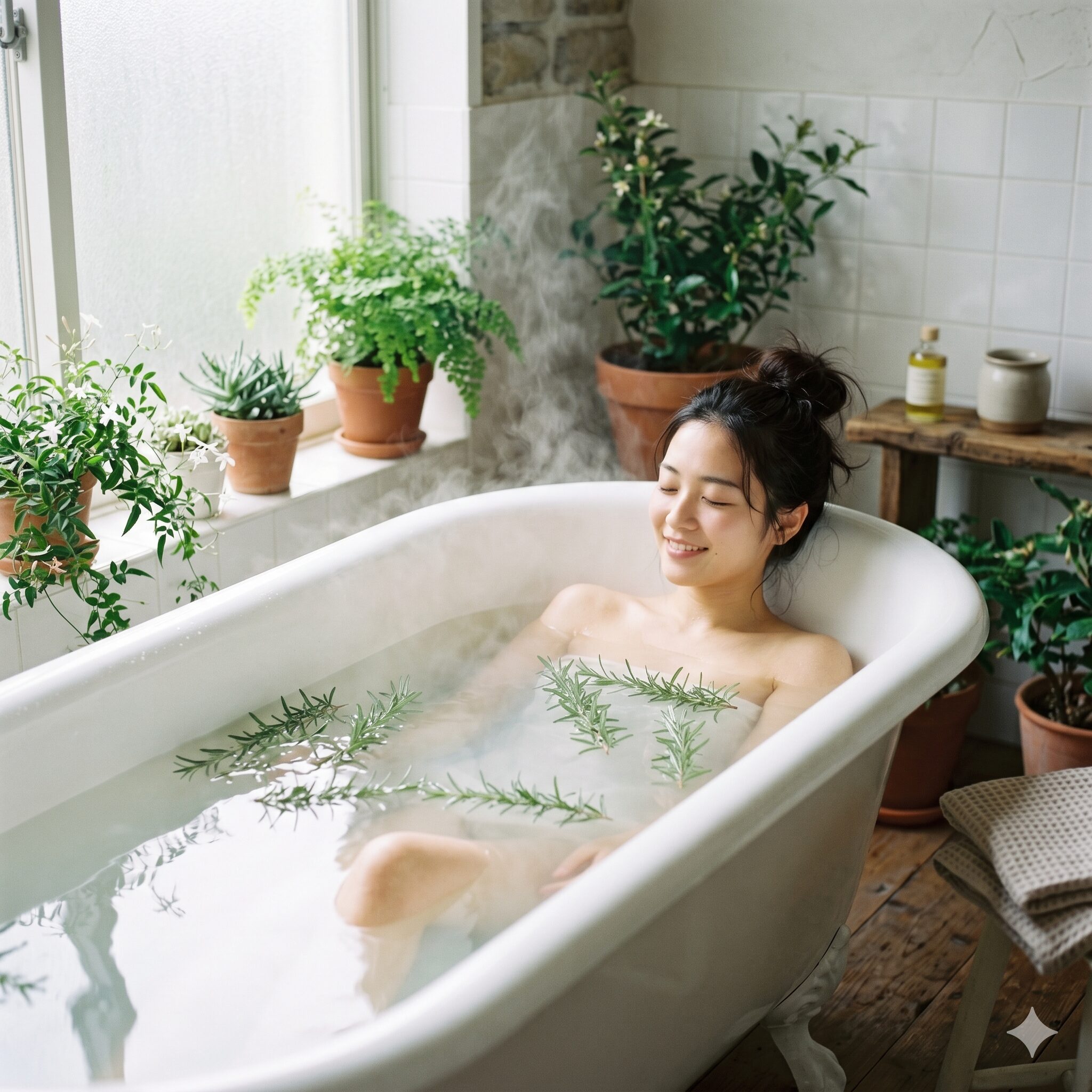 ローズマリー大量消費レシピ9　白いバスタブのお湯に、生のローズマリーの枝を浮かべたハーバルバス。My Garden編集部が提案するリラックス方法。