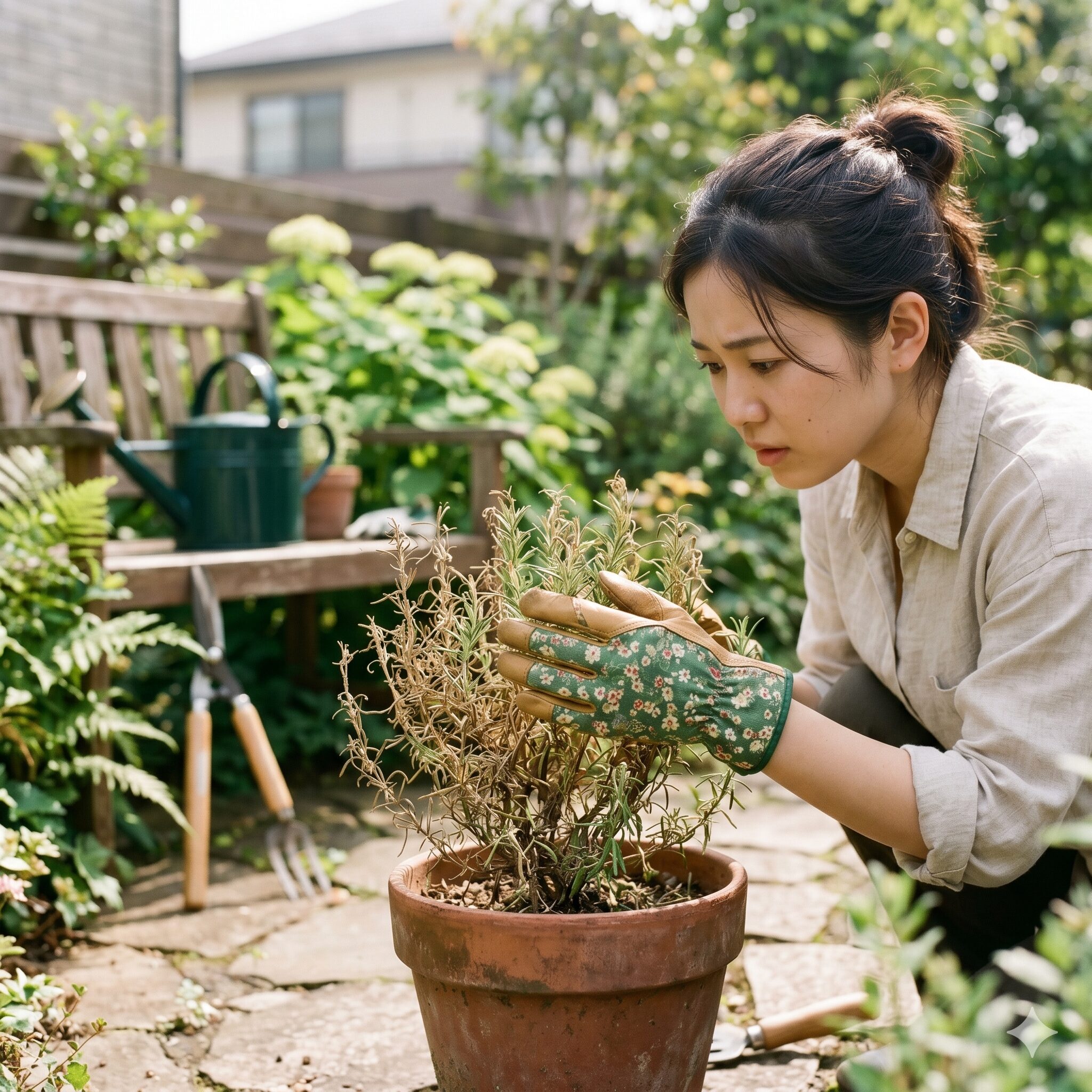 ローズマリー枯れたら1　茶色く枯れかけた鉢植えのローズマリーと状態を確認しようとする園芸家の手