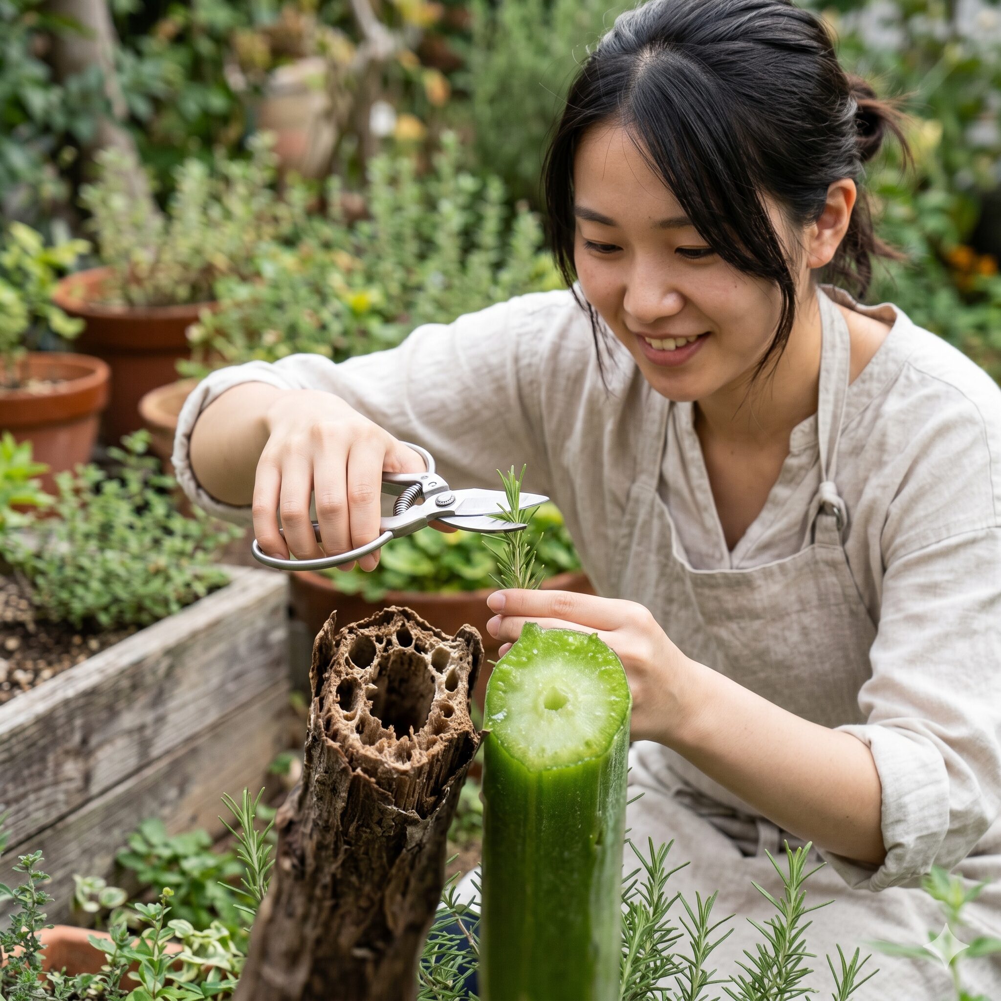 ローズマリー枯れたら2　ローズマリーの生存確認。乾いた茶色の断面と瑞々しい緑色の断面の比較写真（スクラッチテスト）