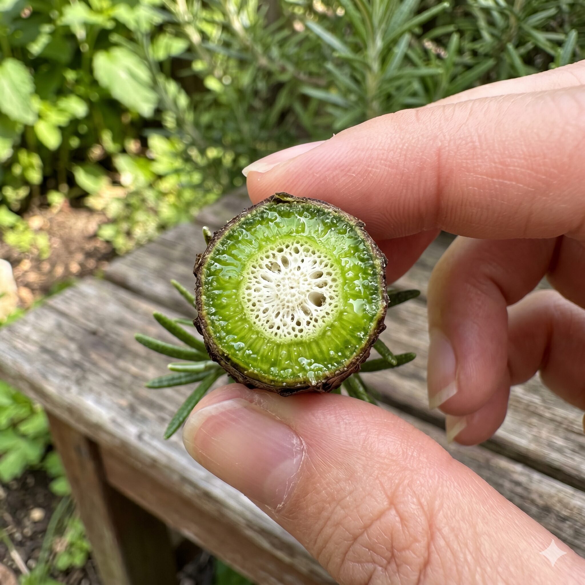 ローズマリー枯れたら3　瑞々しい緑色の形成層が見えるローズマリーの枝の断面のクローズアップ写真（復活の可能性あり）