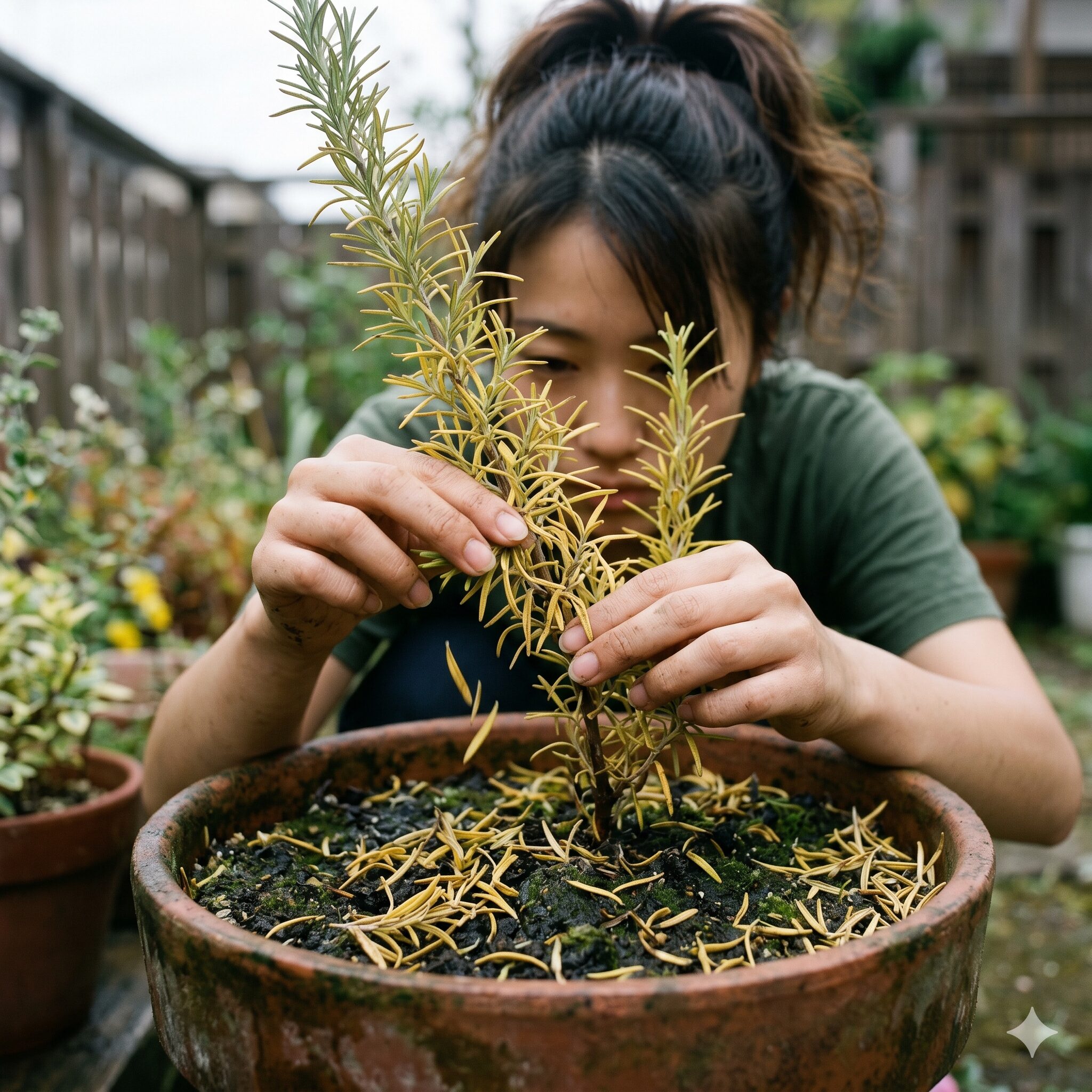 ローズマリー枯れたら4　根腐れの兆候。下葉が黄色くなり鉢の土の上に落ちているローズマリーの株元