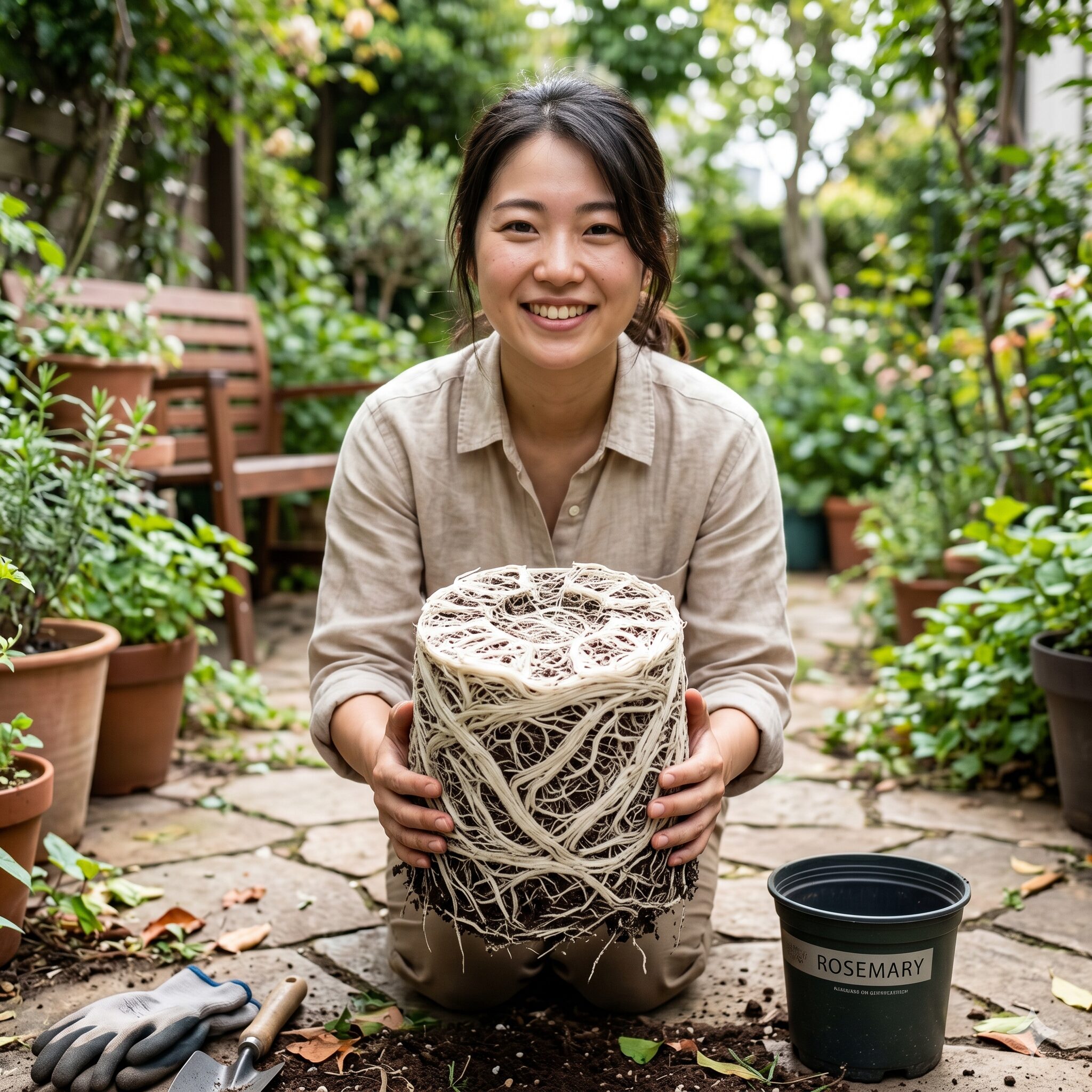 ローズマリー枯れたら5　鉢から抜いた根詰まり状態のローズマリー。根がぐるぐると渦を巻いている様子